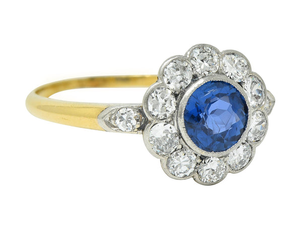 Art Deco 1.86 CTW No Heat Burma Sapphire Diamond Platinum 14 Karat Gold Ring