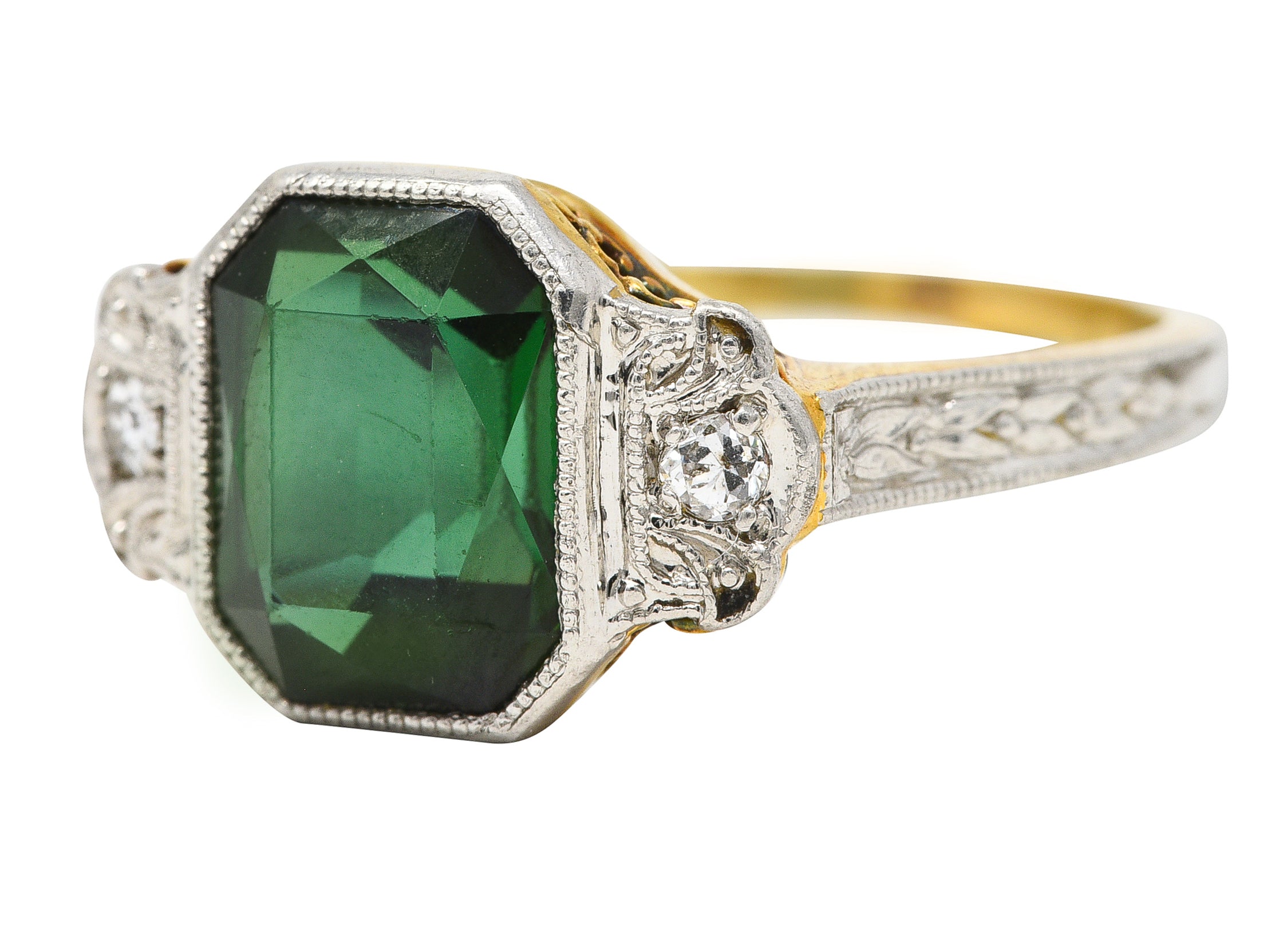 1930's Jones & Woodland Art Deco Green Tourmaline Diamond Platinum-Topped 14 Karat Yellow Gold Gemstone Ring Wilson's Estate Jewelry