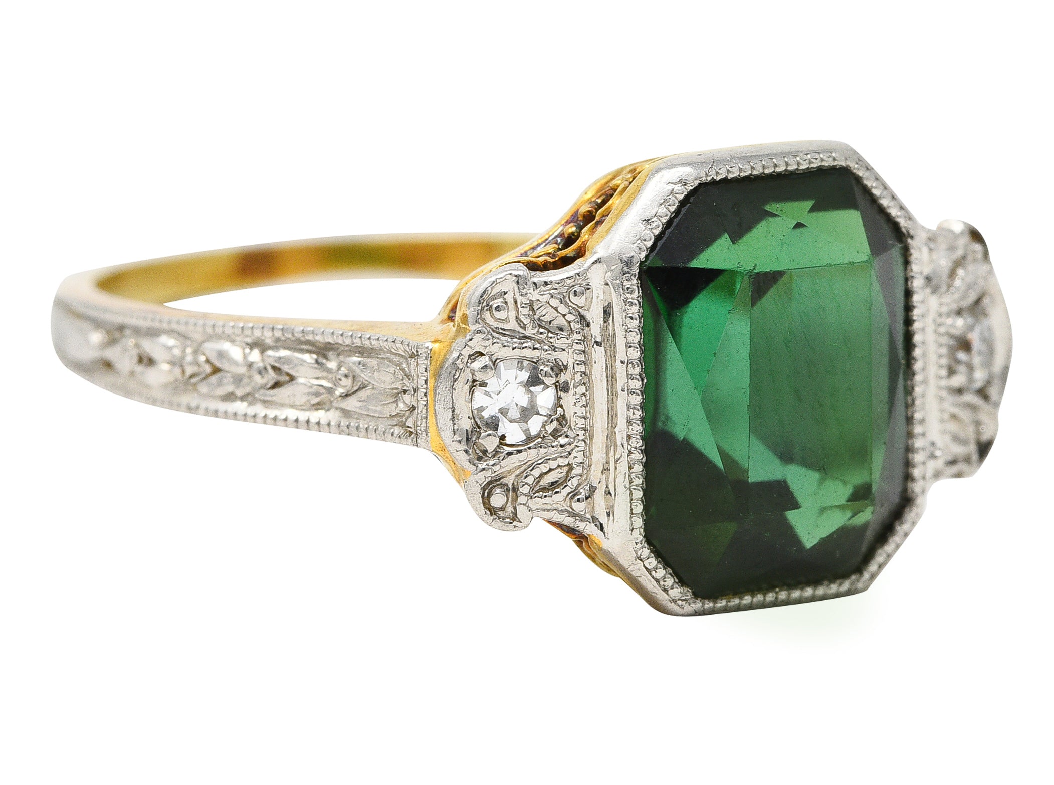 1930's Jones & Woodland Art Deco Green Tourmaline Diamond Platinum-Topped 14 Karat Yellow Gold Gemstone Ring Wilson's Estate Jewelry