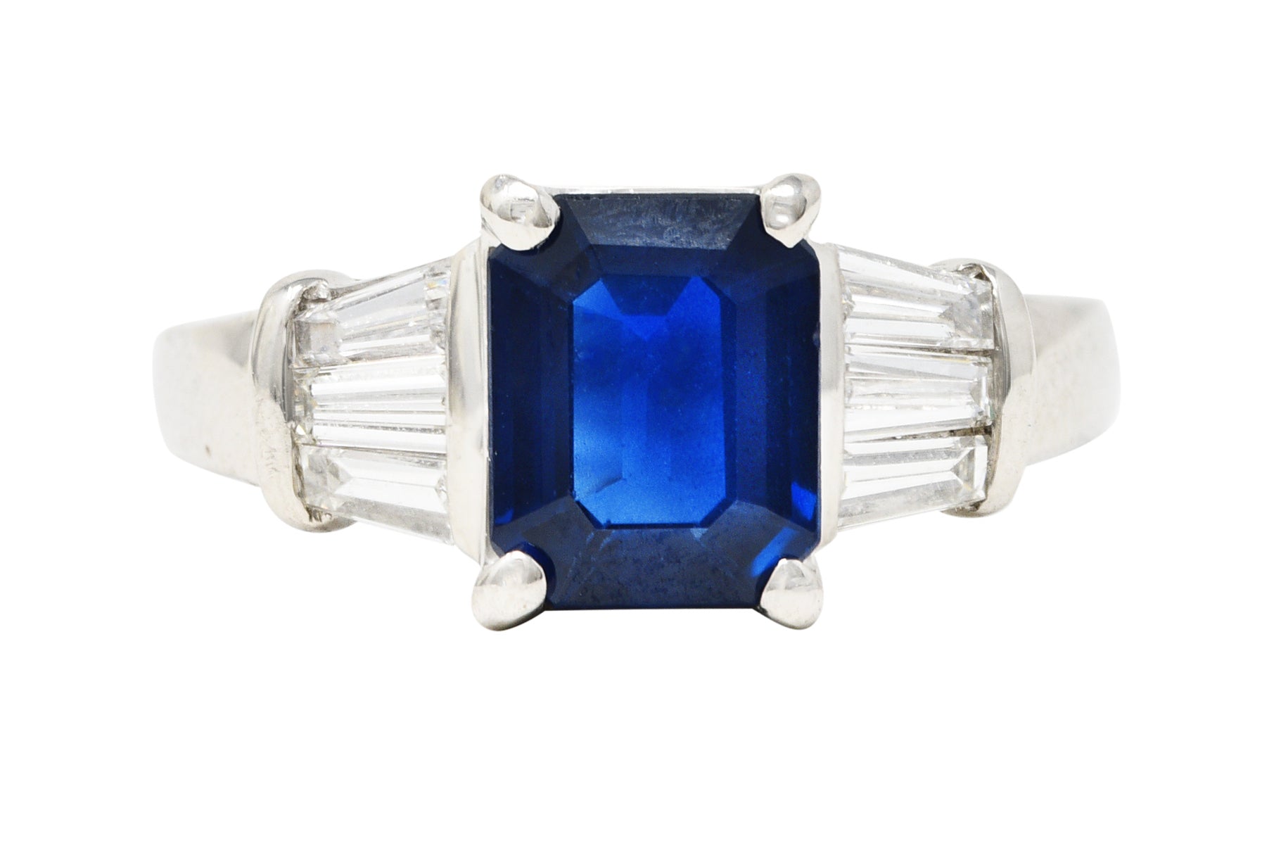 .11111 SH Contemporary 2.43 CTW Emerald Cut Sapphire Diamond Platinum Gemstone Ring Wilson's Estate Jewelry