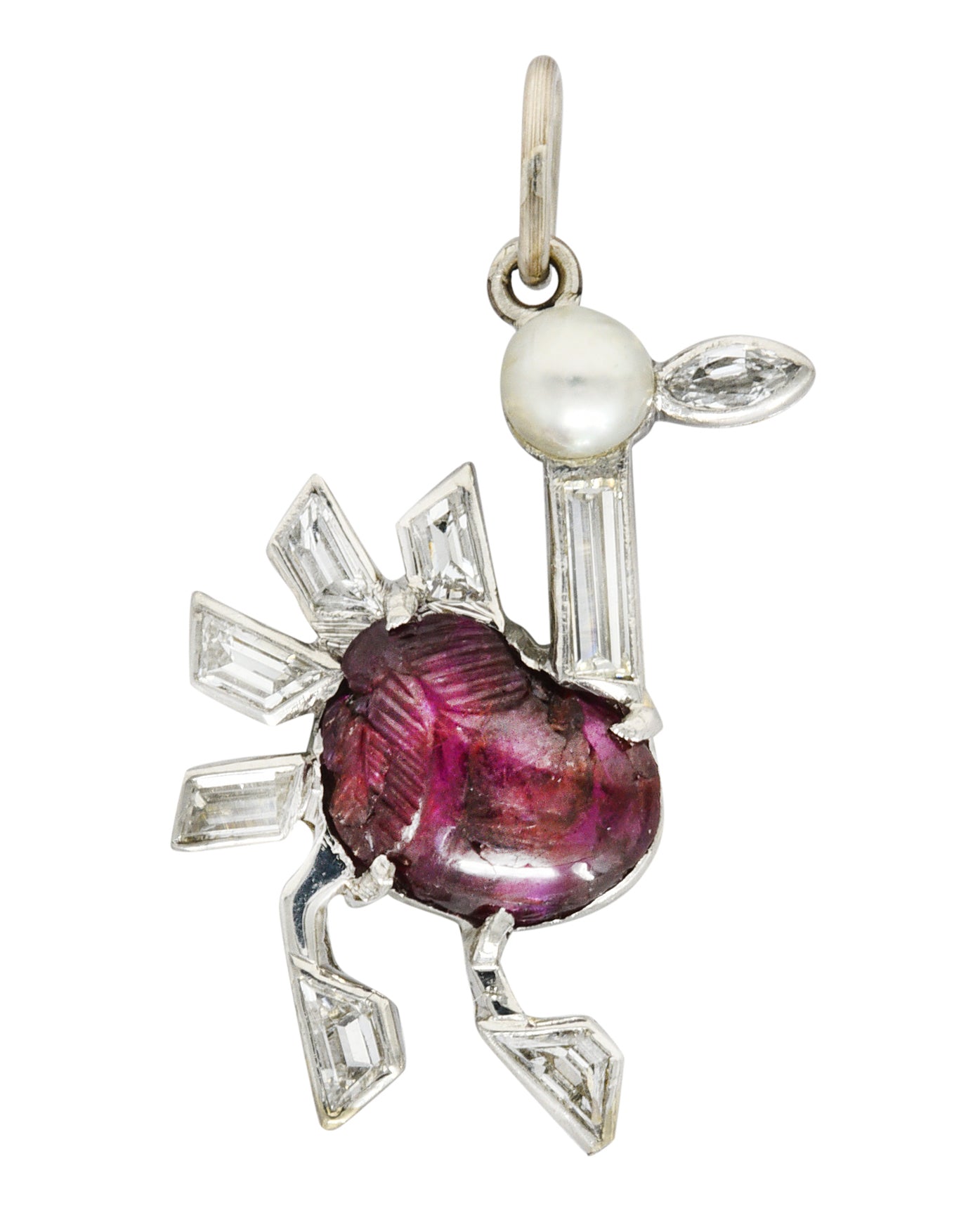 Art Deco Pearl 2.00 CTW Carved Ruby Diamond Platinum Turkey Bird Vintage Charm Wilson's Estate Jewelry