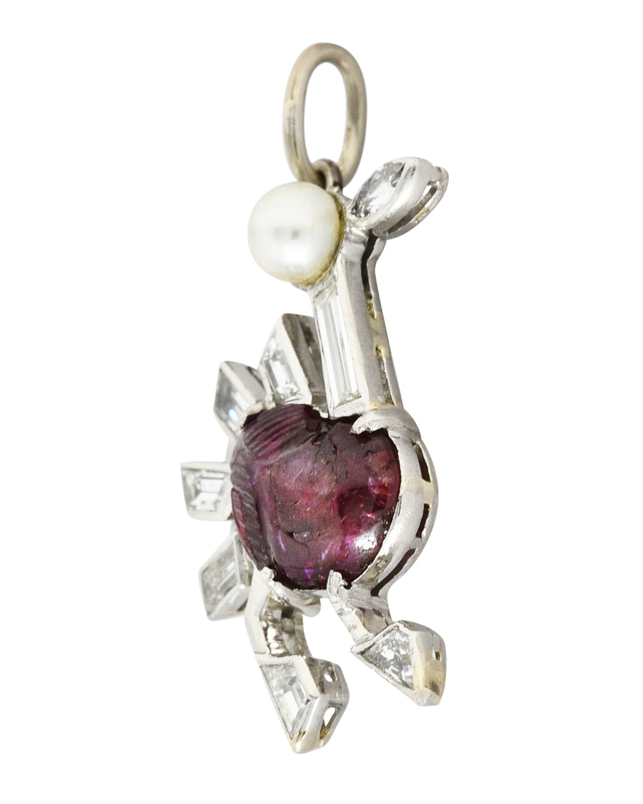 Art Deco Pearl 2.00 CTW Carved Ruby Diamond Platinum Turkey Bird Vintage Charm Wilson's Estate Jewelry