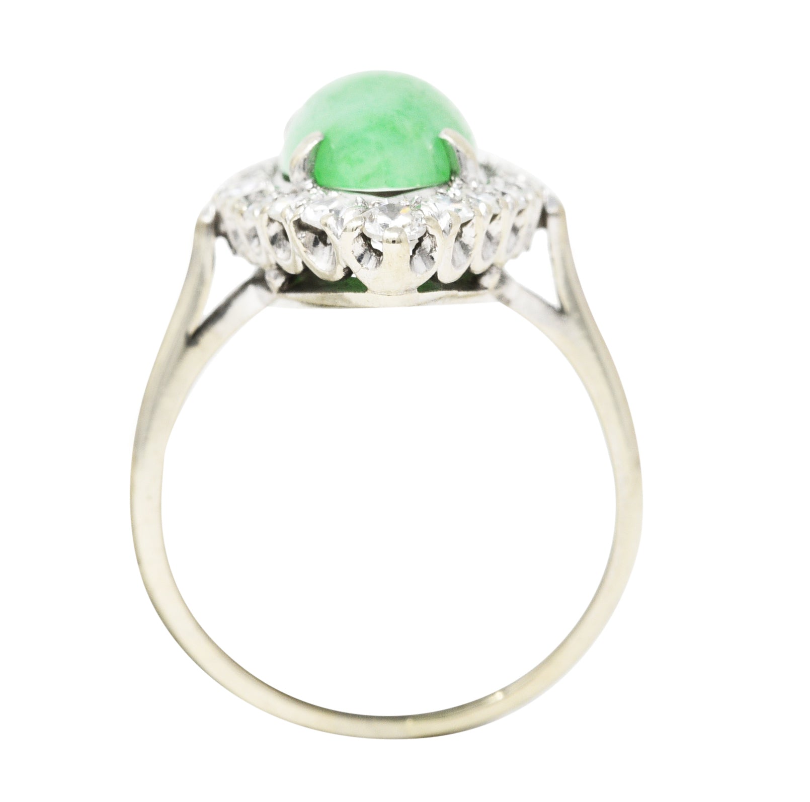 Art Deco Jade Cabochon Diamond 14 Karat White Gold Navette Vintage Cluster Ring Wilson's Estate Jewelry