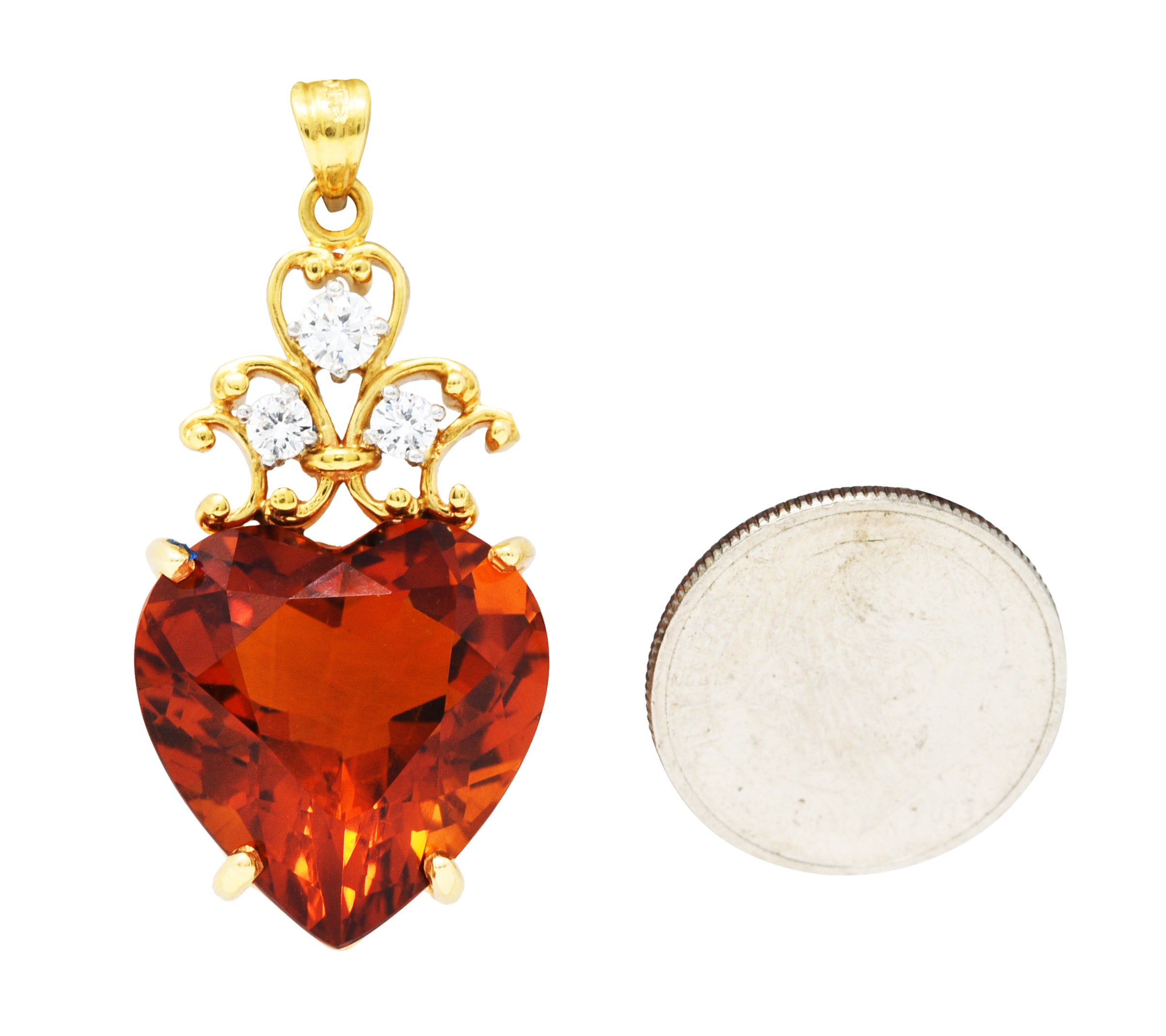 1964 Felger Inc. Citrine Diamond Platinum 18 Karat Gold Heart PendantNecklace - Wilson's Estate Jewelry