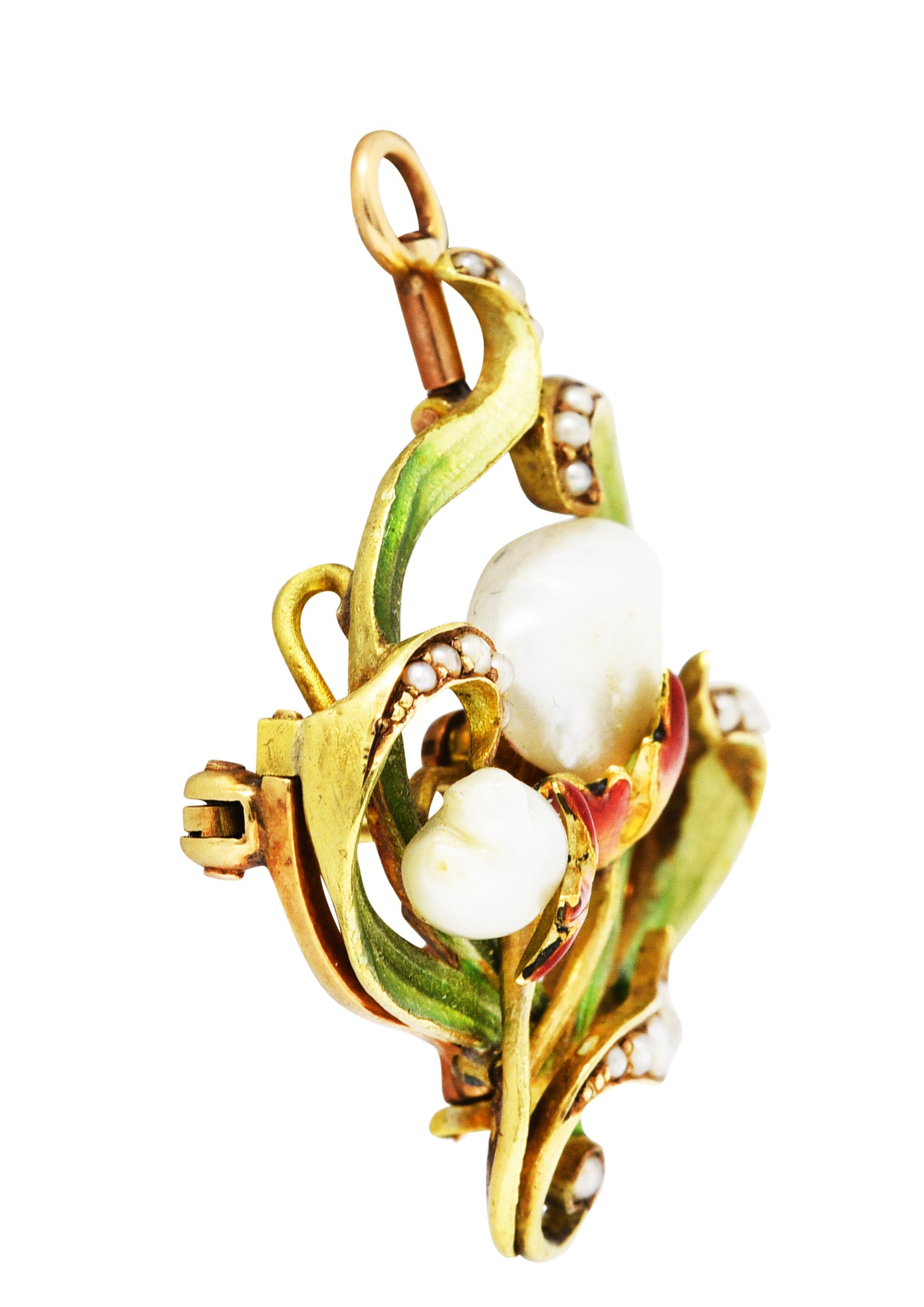 Bippart & Co. Art Nouveau Pearl Enamel 14 Karat Gold Floral Pendant BroochBrooch - Wilson's Estate Jewelry