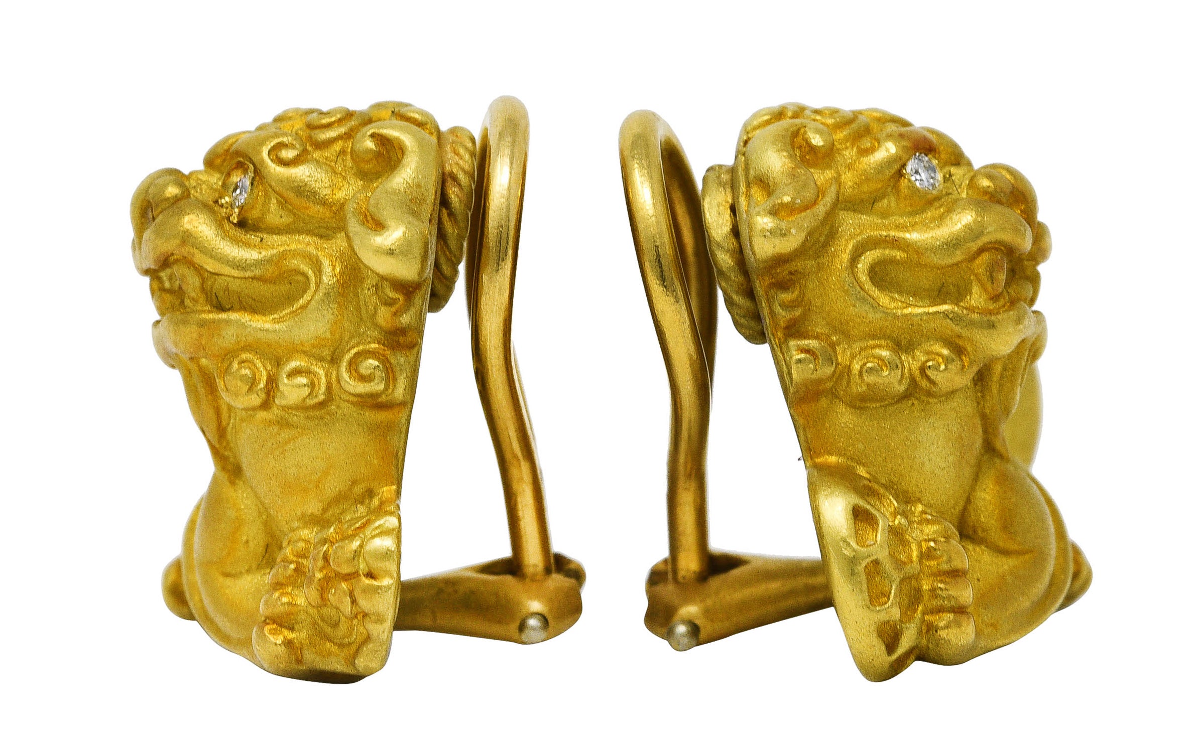 2002 Kieselstein-Cord Diamond 18 Karat Yellow Gold Foo Dog Ear-Clip Earrings Wilson's Estate Jewelry