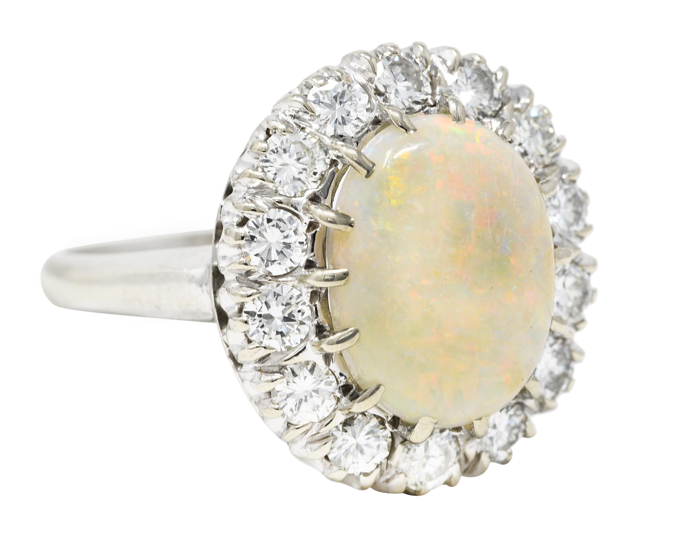 Vintage Opal Cabochon 1.00 CTW Diamond 14 Karat White Gold Cluster Ring Wilson's Estate Jewelry