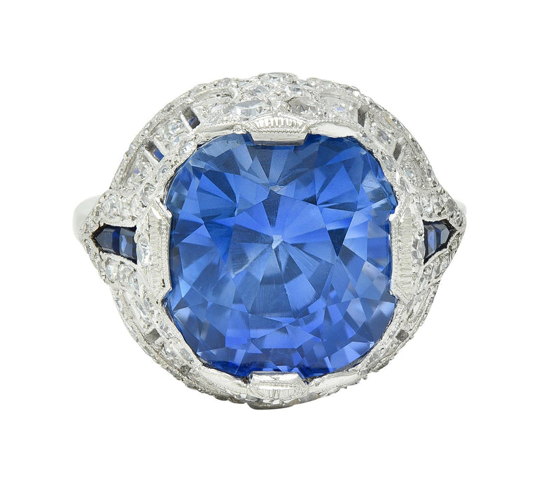 Art Deco 12.12 CTW No Heat Ceylon Sapphire Diamond Lotus Vintage Cocktail Ring