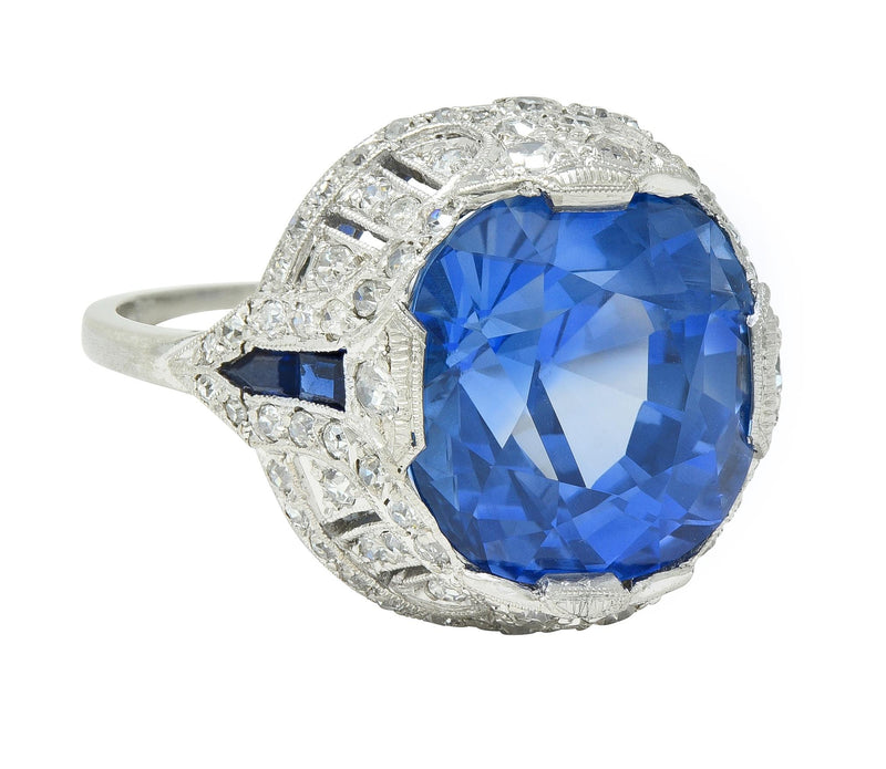 Art Deco 12.12 CTW No Heat Ceylon Sapphire Diamond Lotus Vintage Cocktail Ring