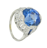 Art Deco 12.12 CTW No Heat Ceylon Sapphire Diamond Lotus Vintage Cocktail Ring