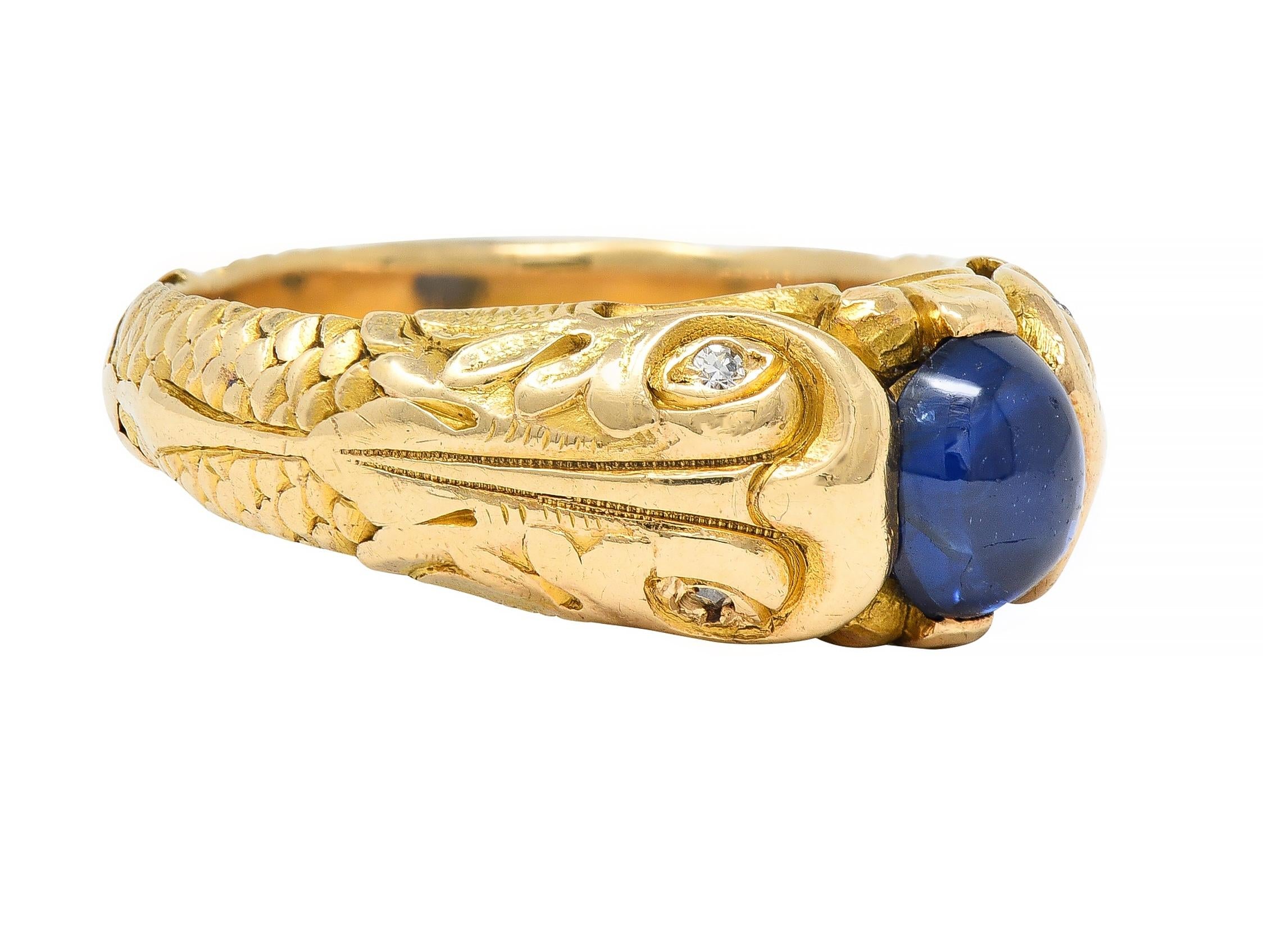 Art Nouveau Sapphire Cabochon Diamond 14 Karat Gold Koi Fish Unisex Antique Ring