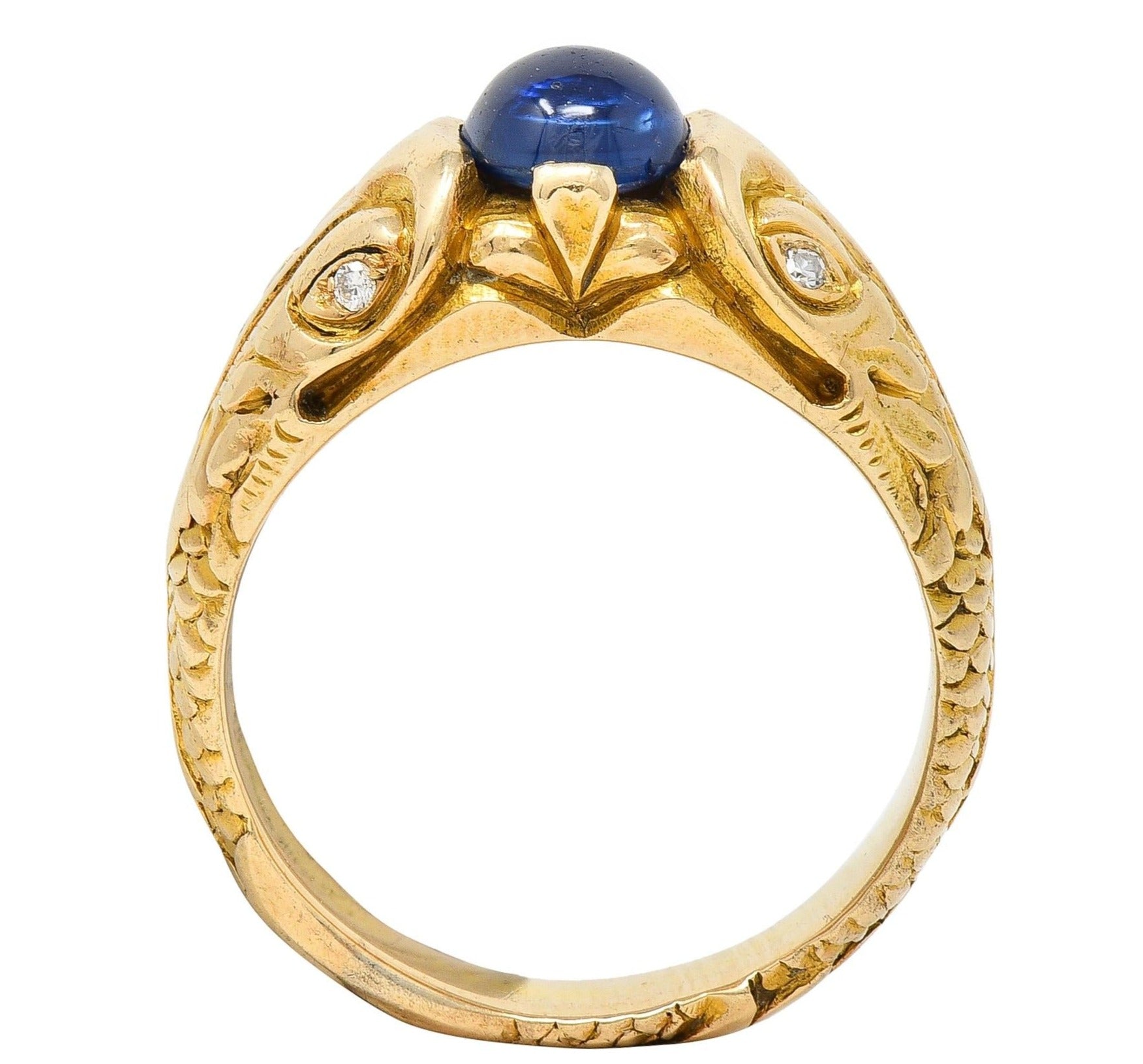 Art Nouveau Sapphire Cabochon Diamond 14 Karat Gold Koi Fish Unisex Antique Ring