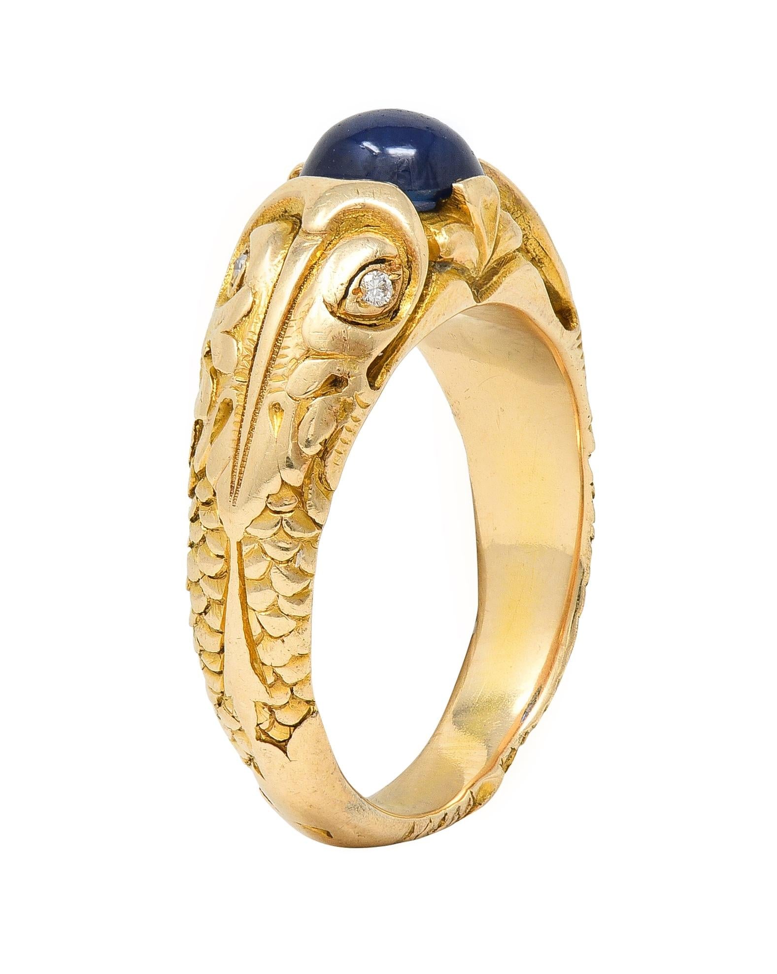 Art Nouveau Sapphire Cabochon Diamond 14 Karat Gold Koi Fish Unisex Antique Ring