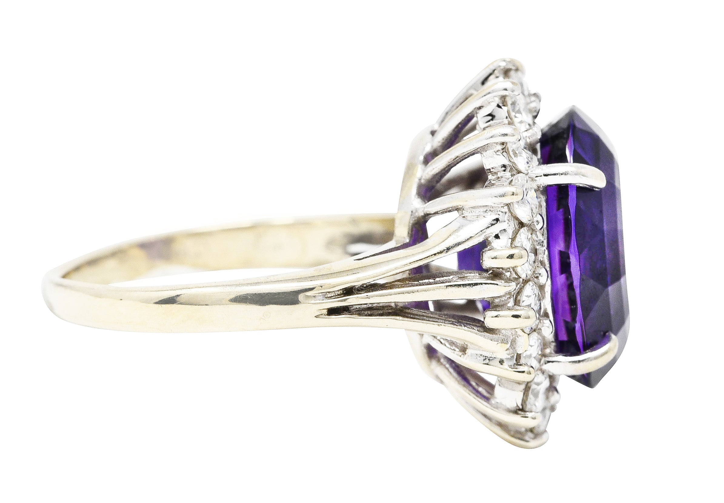 Vintage Checkerboard Cut Amethyst Diamond 14 Karat White Gold Gemstone Cluster Ring Wilson's Estate Jewelry