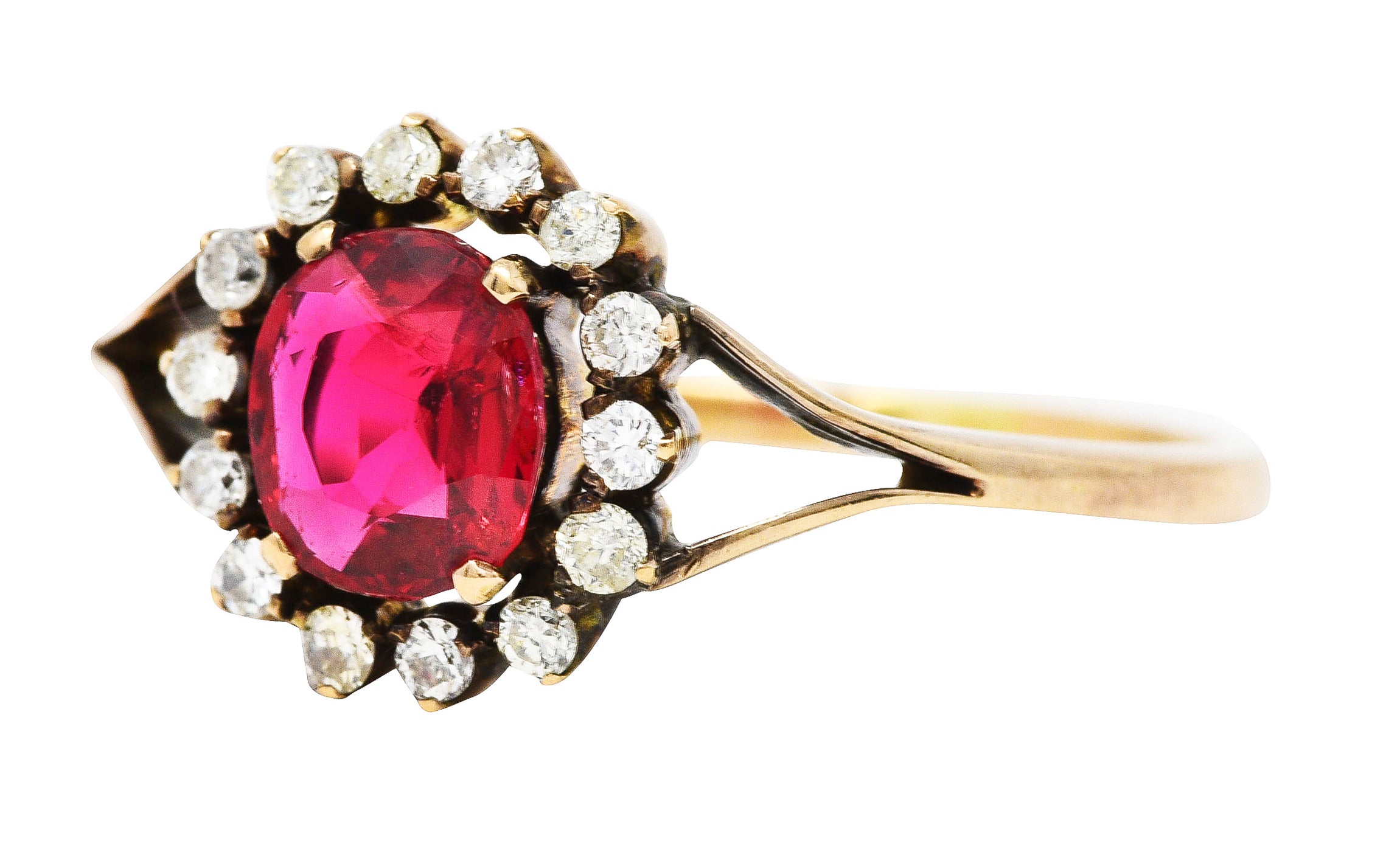 Victorian Red Spinel Diamond 14 Karat Yellow Gold Antique Cluster Ring Wilson's Estate Jewelry