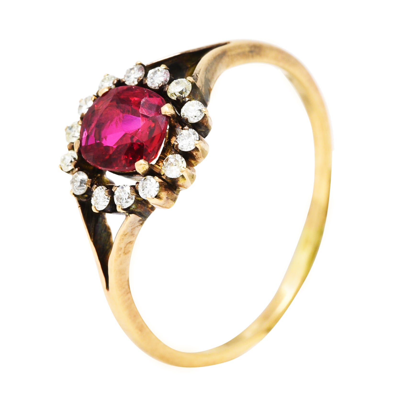 Victorian Red Spinel Diamond 14 Karat Yellow Gold Antique Cluster Ring Wilson's Estate Jewelry