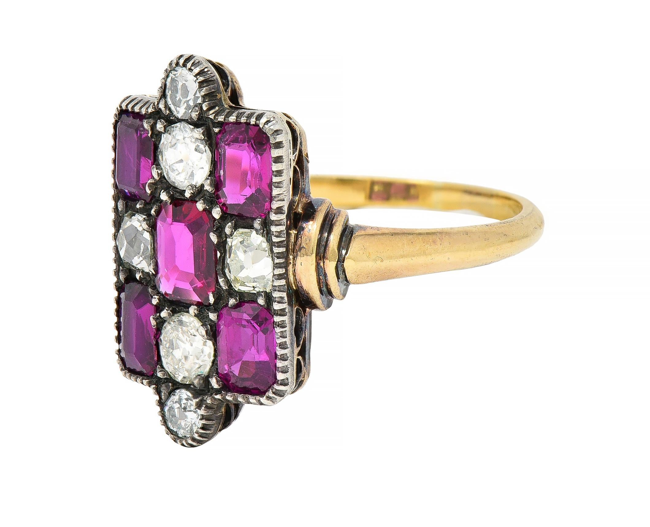 Victorian 3.74 CTW Diamond Ruby Silver 18 Karat Gold Checkerboard Navette Ring