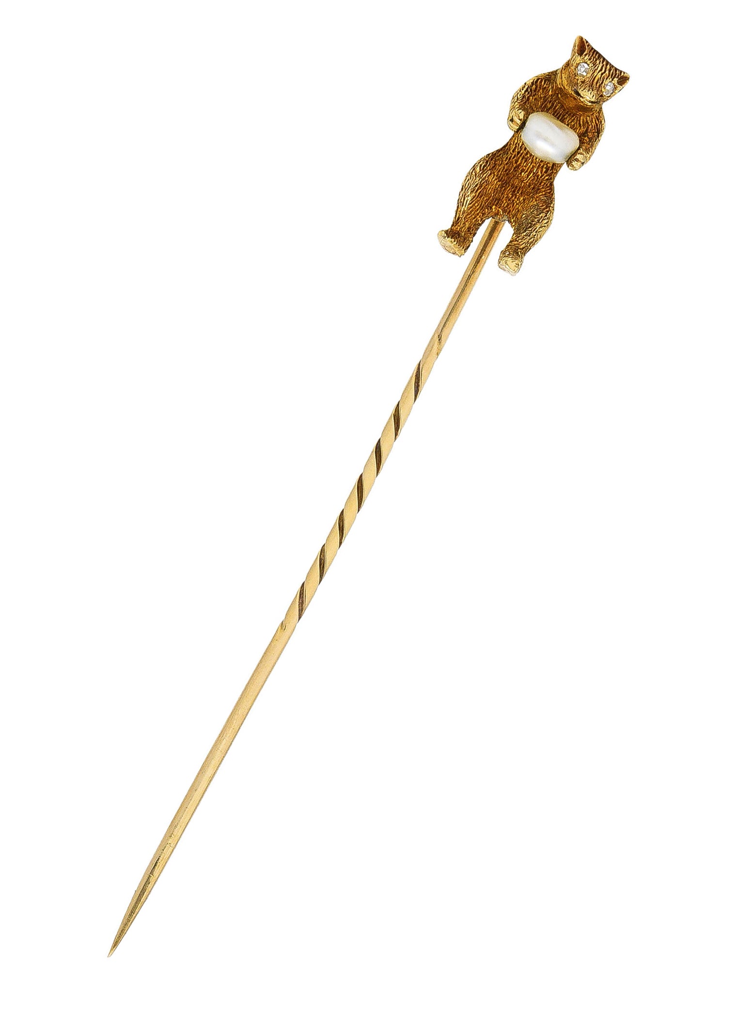 Victorian Diamond Rotating Baroque Pearl 14 Karat Yellow Gold Circus Bear Antique Stickpin Wilson's Estate Jewelry