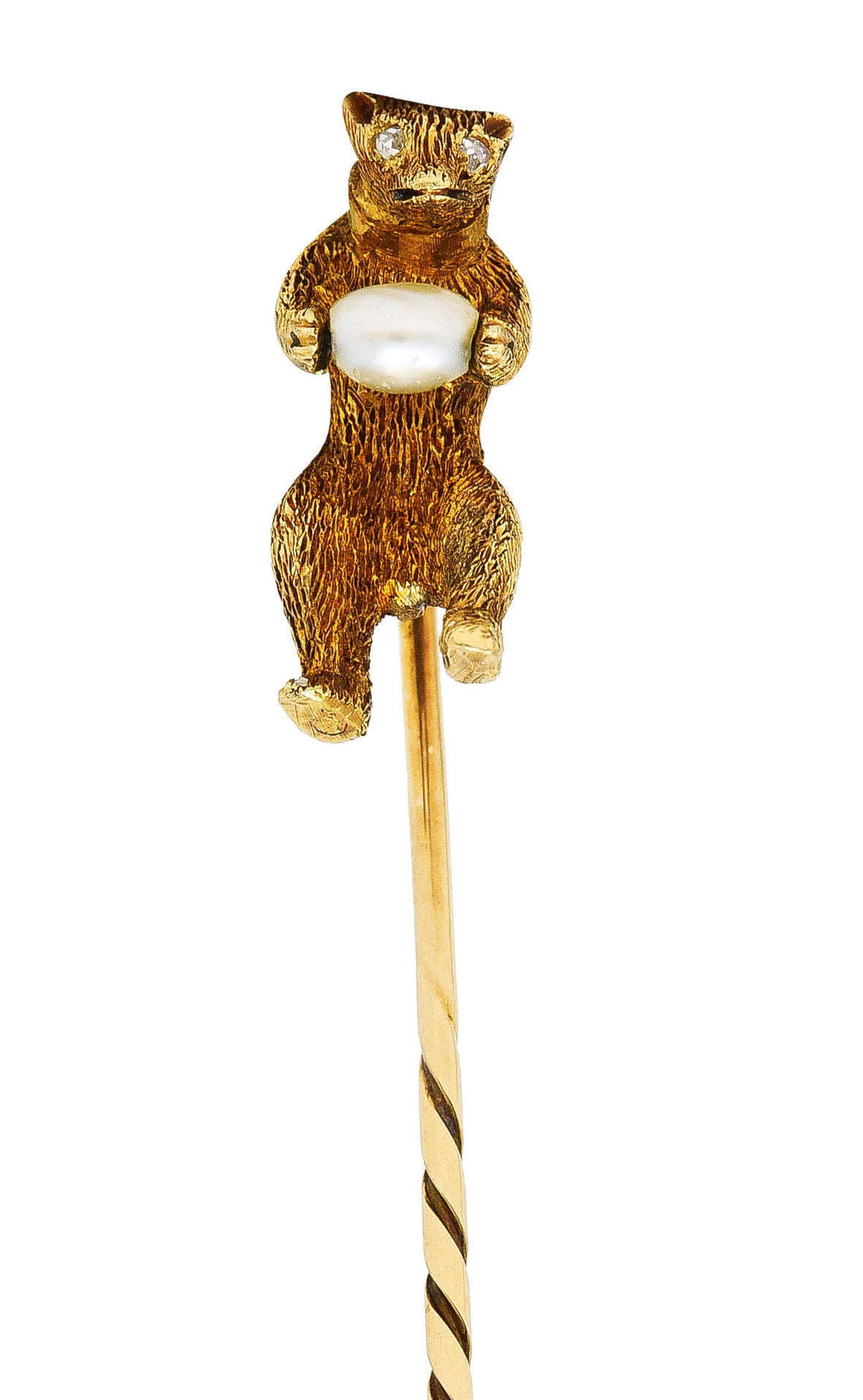 Victorian Diamond Rotating Baroque Pearl 14 Karat Yellow Gold Circus Bear Antique Stickpin Wilson's Estate Jewelry