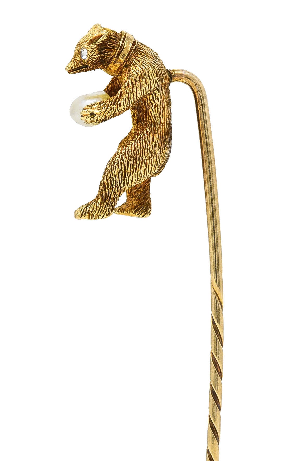 Victorian Diamond Rotating Baroque Pearl 14 Karat Yellow Gold Circus Bear Antique Stickpin Wilson's Estate Jewelry