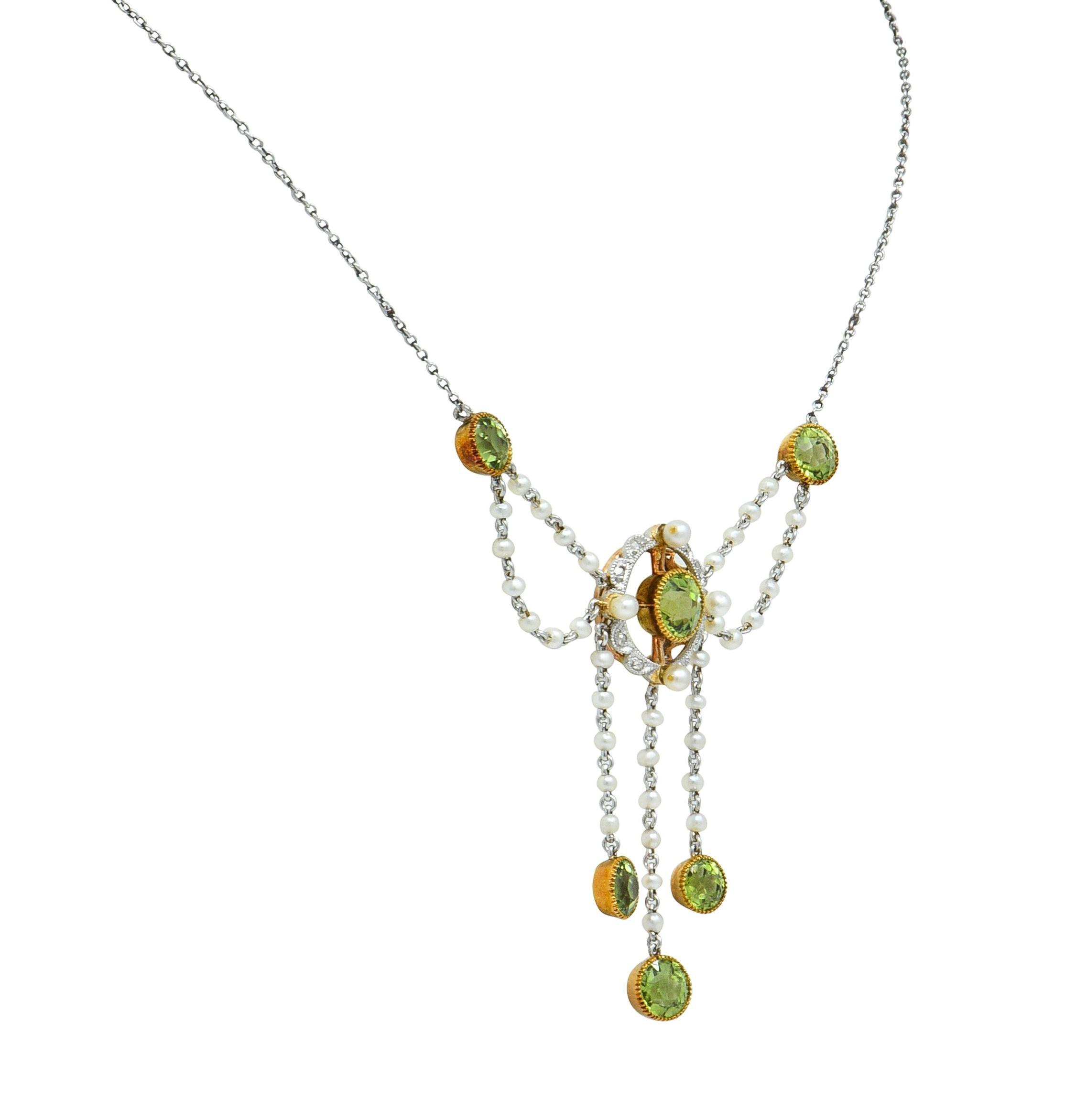 Edwardian Diamond Peridot Pearl Platinum 14 Karat Gold Swagged Fringe Necklace