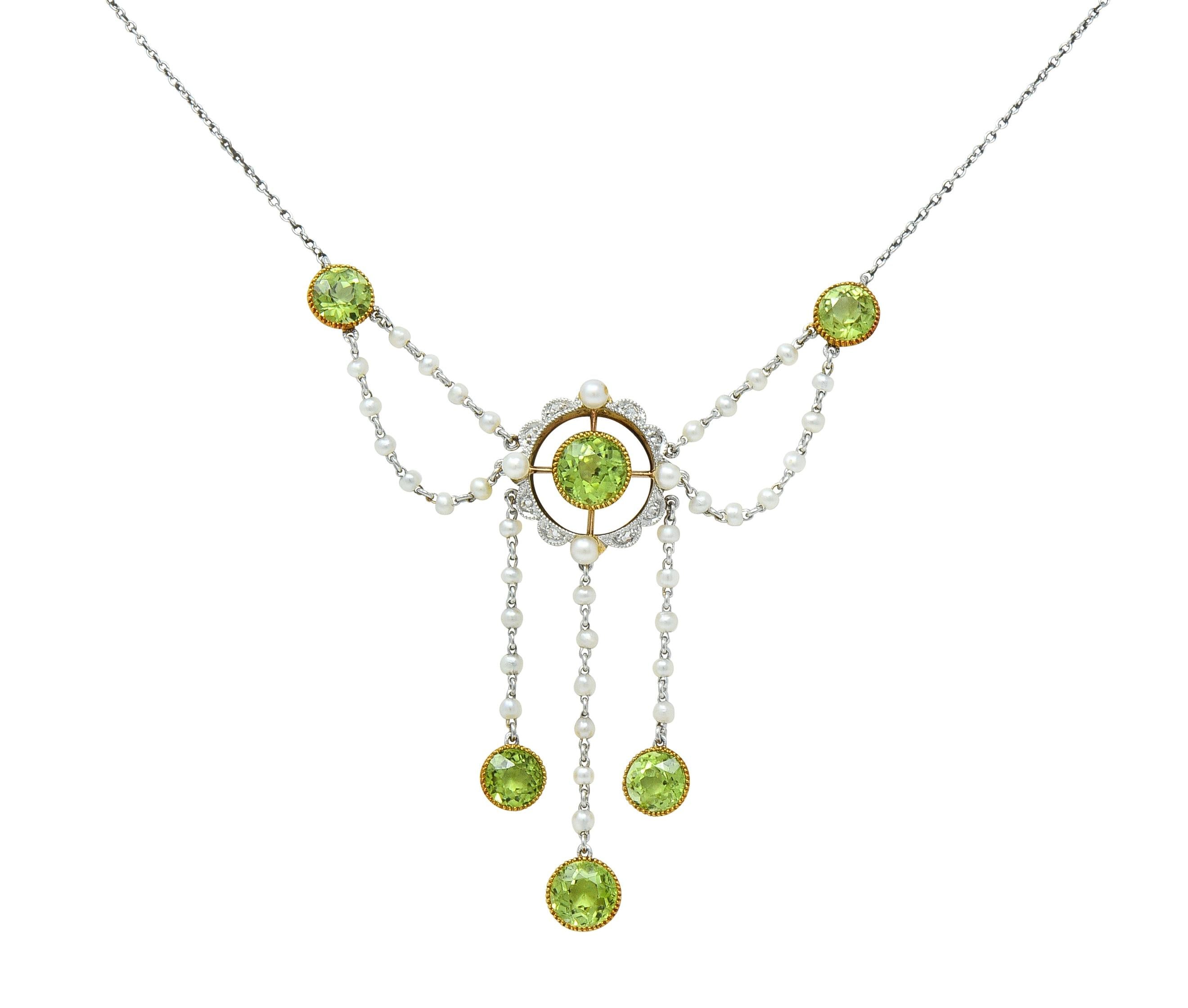 Edwardian Diamond Peridot Pearl Platinum 14 Karat Gold Swagged Fringe Necklace