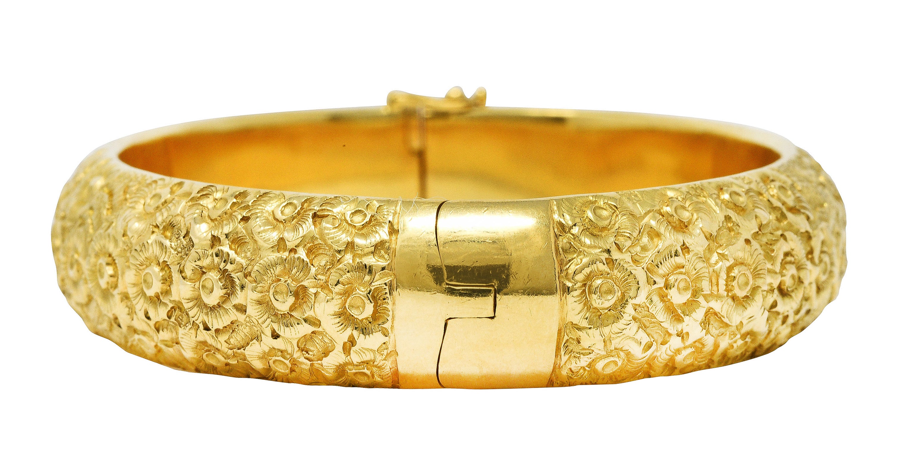 Vintage Italian 18 Karat Yellow Gold Hinged Floral Bangle Braceletbracelet - Wilson's Estate Jewelry