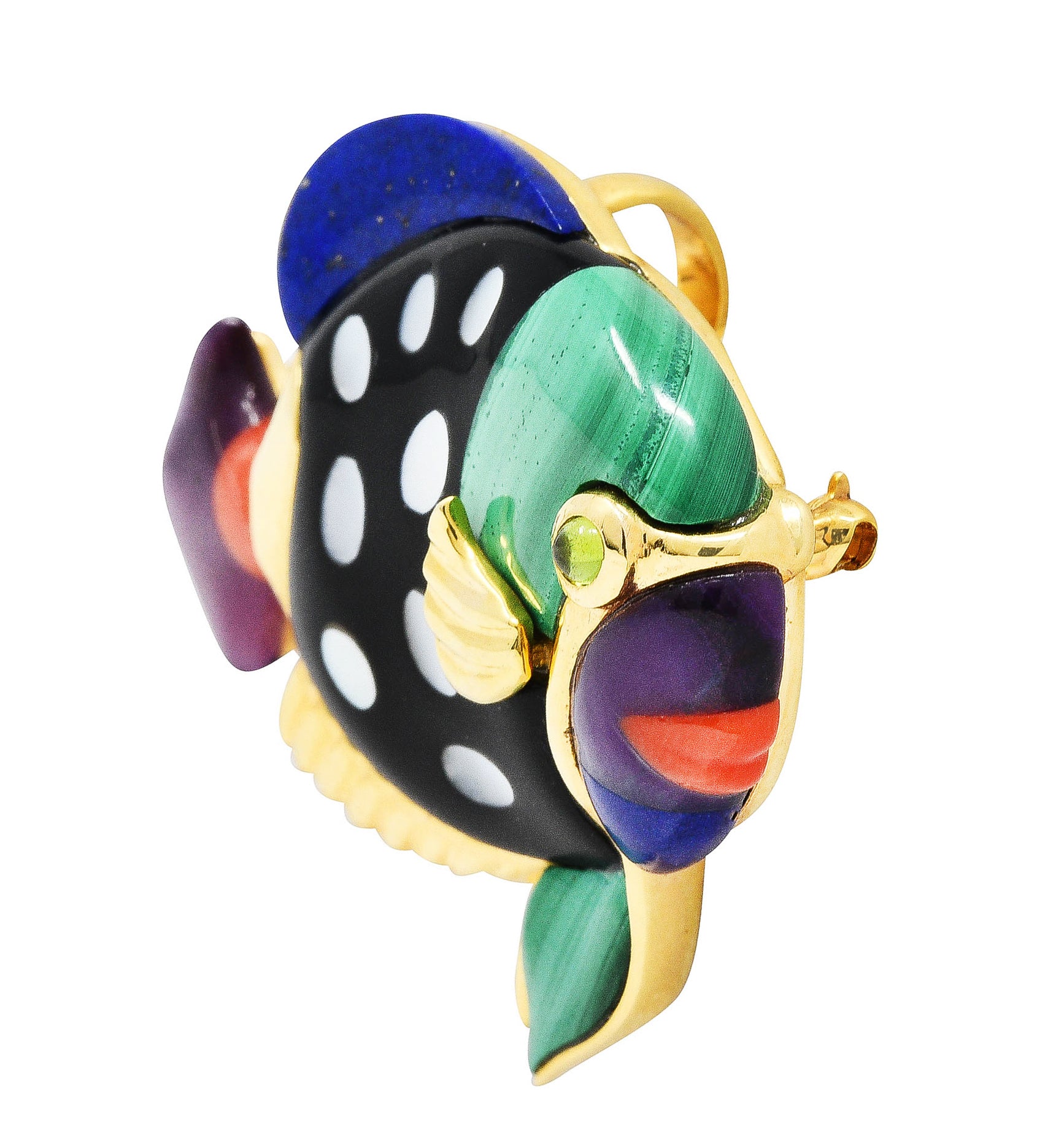 Asch Grossbardt Lapis Lazuli Onyx Peridot Multi-Gem Inlay 14 Karat Gold Fish Pendant BroochBrooch - Wilson's Estate Jewelry