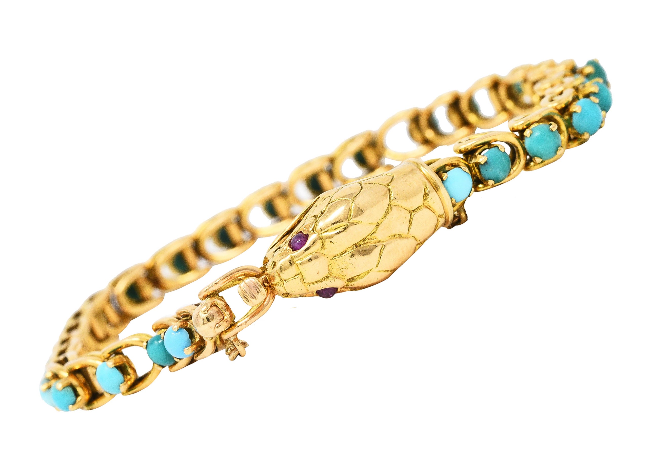 Victorian Turquoise Ruby 18 Karat Yellow Gold Antique Snake Bracelet Wilson's Estate Jewelry