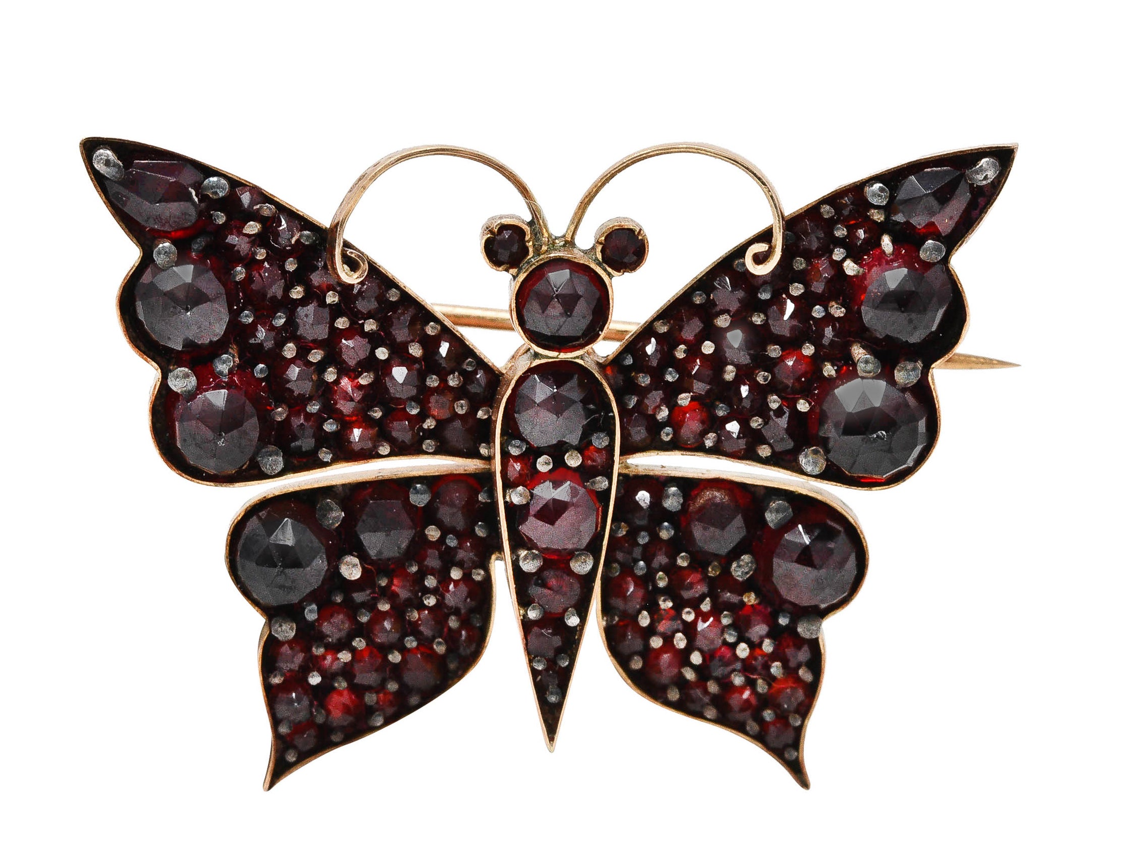 Victorian Bohemian Garnet 14 Karat Yellow Gold Antique Butterfly Brooch Wilson's Estate Jewelry