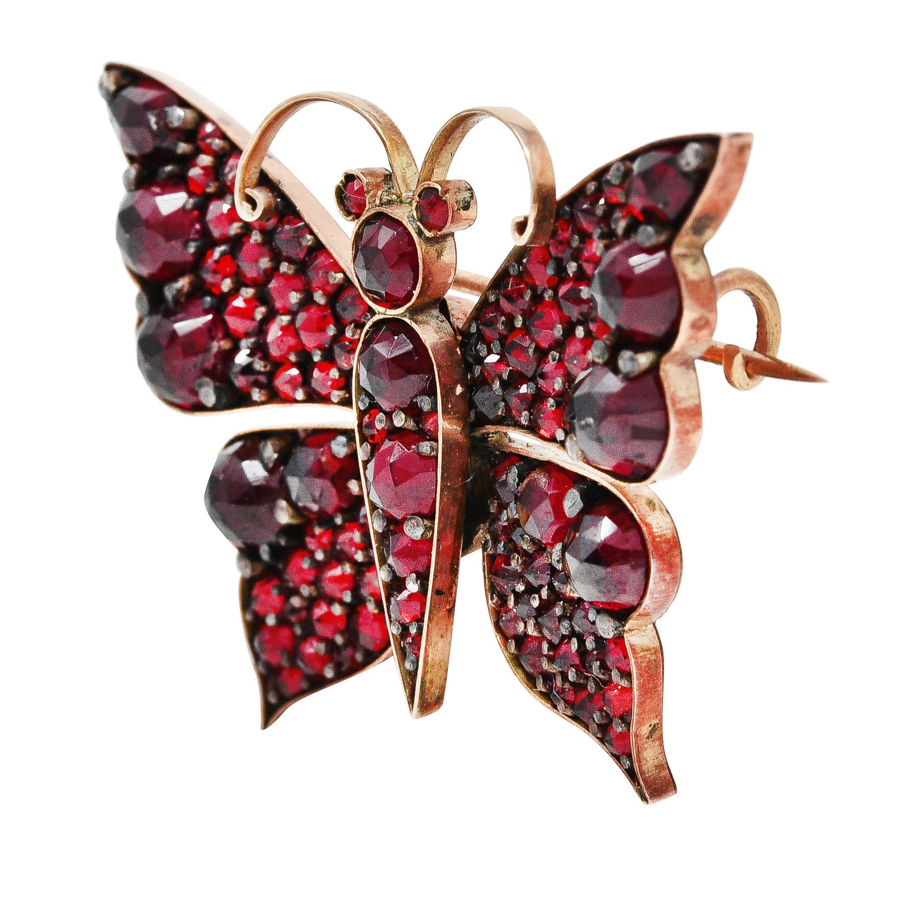 Victorian Bohemian Garnet 14 Karat Yellow Gold Antique Butterfly Brooch Wilson's Estate Jewelry