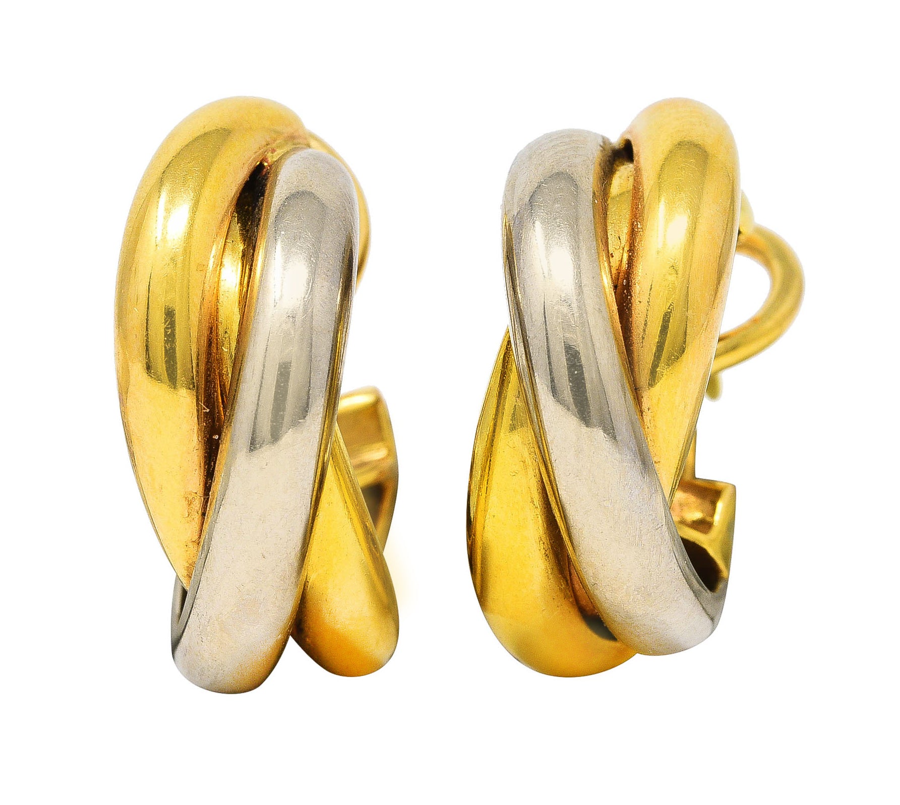 1960's Cartier 18 Karat Tri-Colored Gold French Twist Vintage Trinity Hoop Earrings Wilson's Estate Jewelry