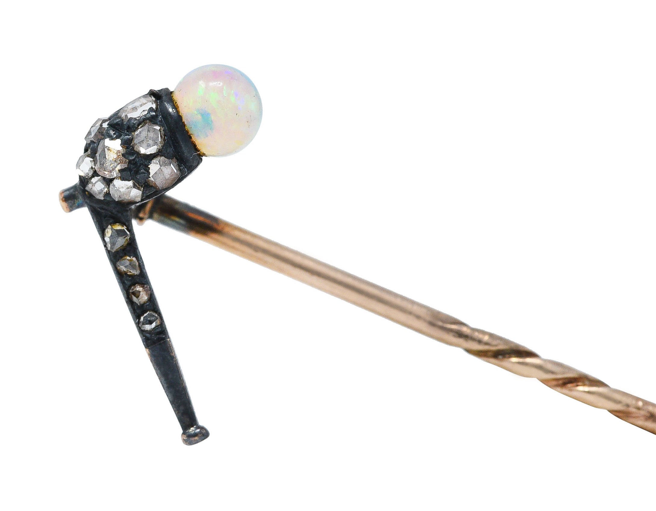 Victorian Opal Diamond Silver-Topped 14 Karat Gold Pipe StickpinStick Pin - Wilson's Estate Jewelry