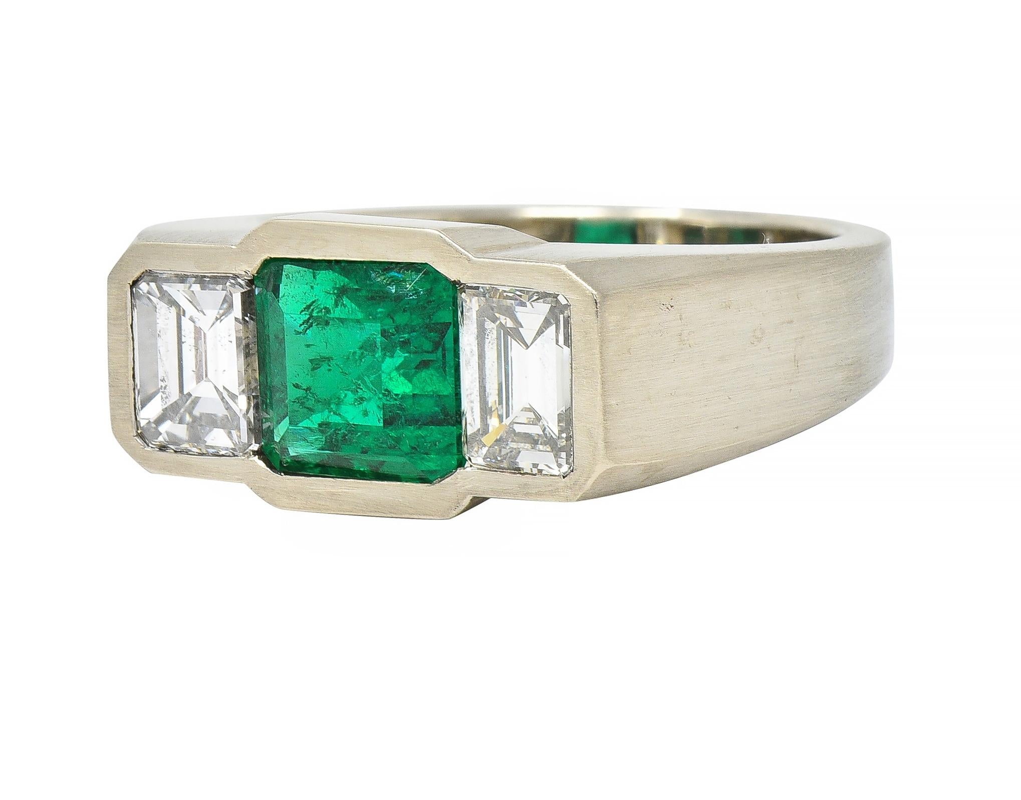 3.79 CTW Colombian Emerald Diamond 14 Karat White Gold Men's Unisex Ring GIA