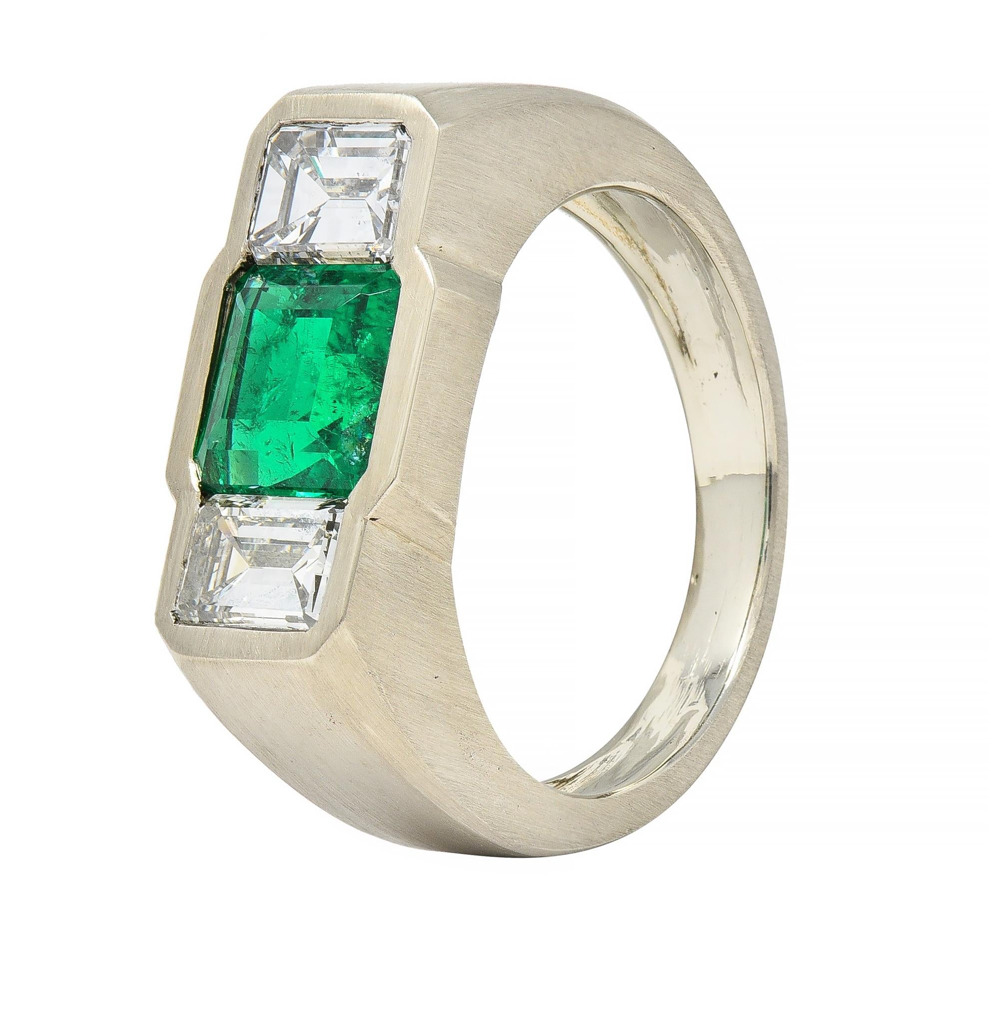 3.79 CTW Colombian Emerald Diamond 14 Karat White Gold Men's Unisex Ring GIA