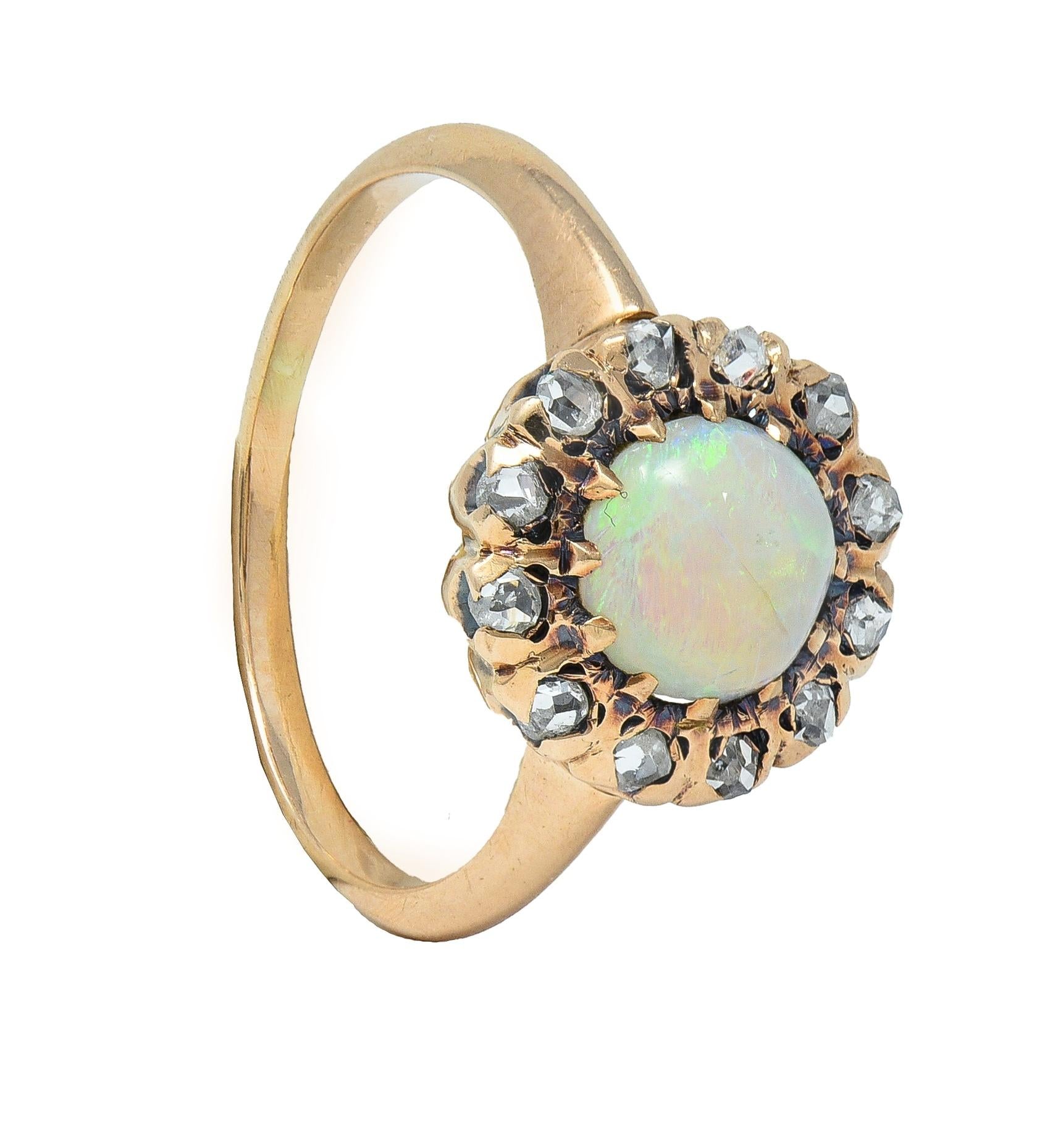 Victorian Opal Cabochon Diamond 14 Karat Yellow Gold Antique Halo Ring