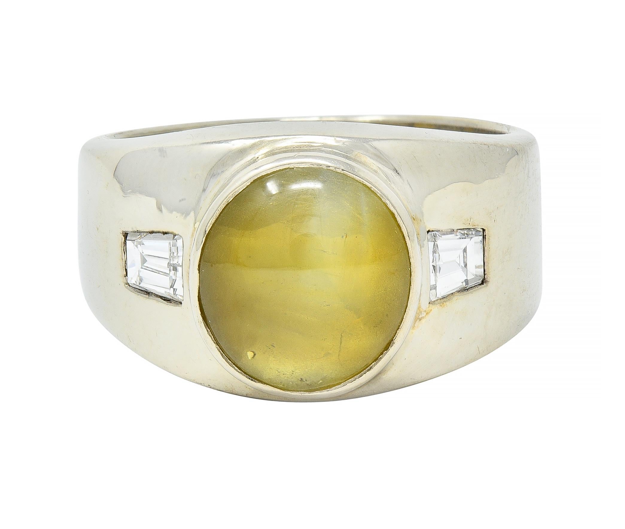 1960's Cat's Eye Chrysoberyl Diamond 14 Karat White Gold Three Stone Ring