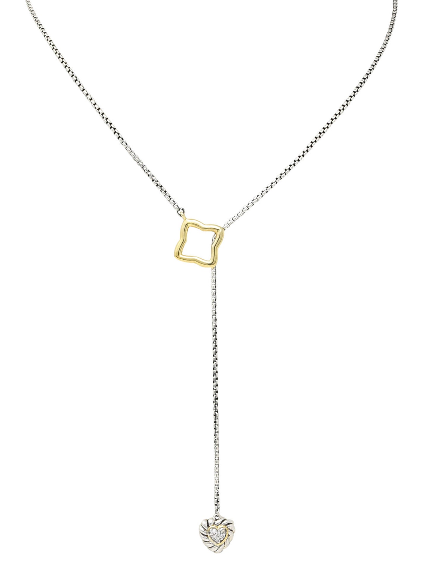 David Yurman Diamond 18 Karat Gold Sterling Silver Quatrefoil Heart Lariat NecklaceNecklace - Wilson's Estate Jewelry