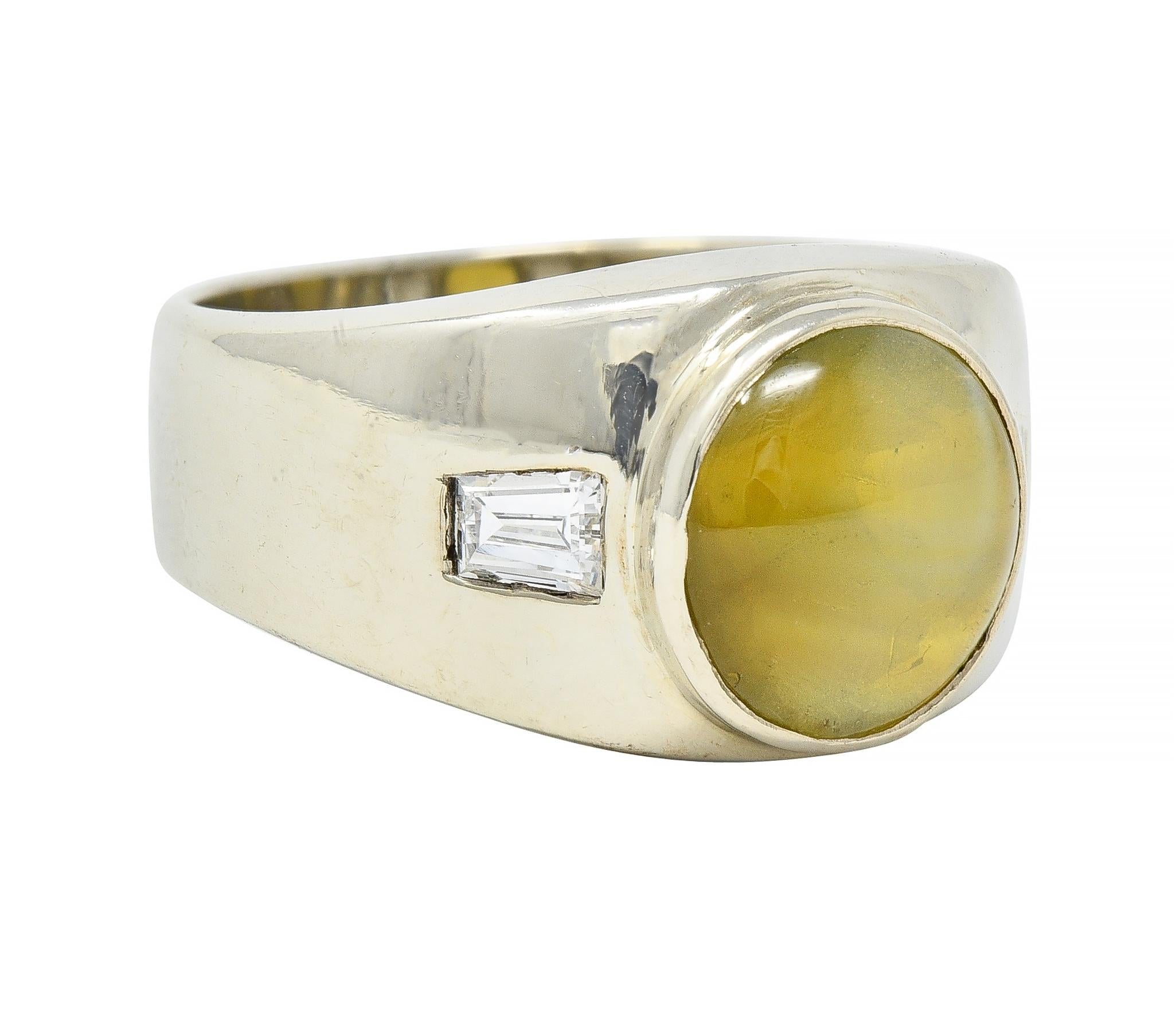 1960's Cat's Eye Chrysoberyl Diamond 14 Karat White Gold Three Stone Ring