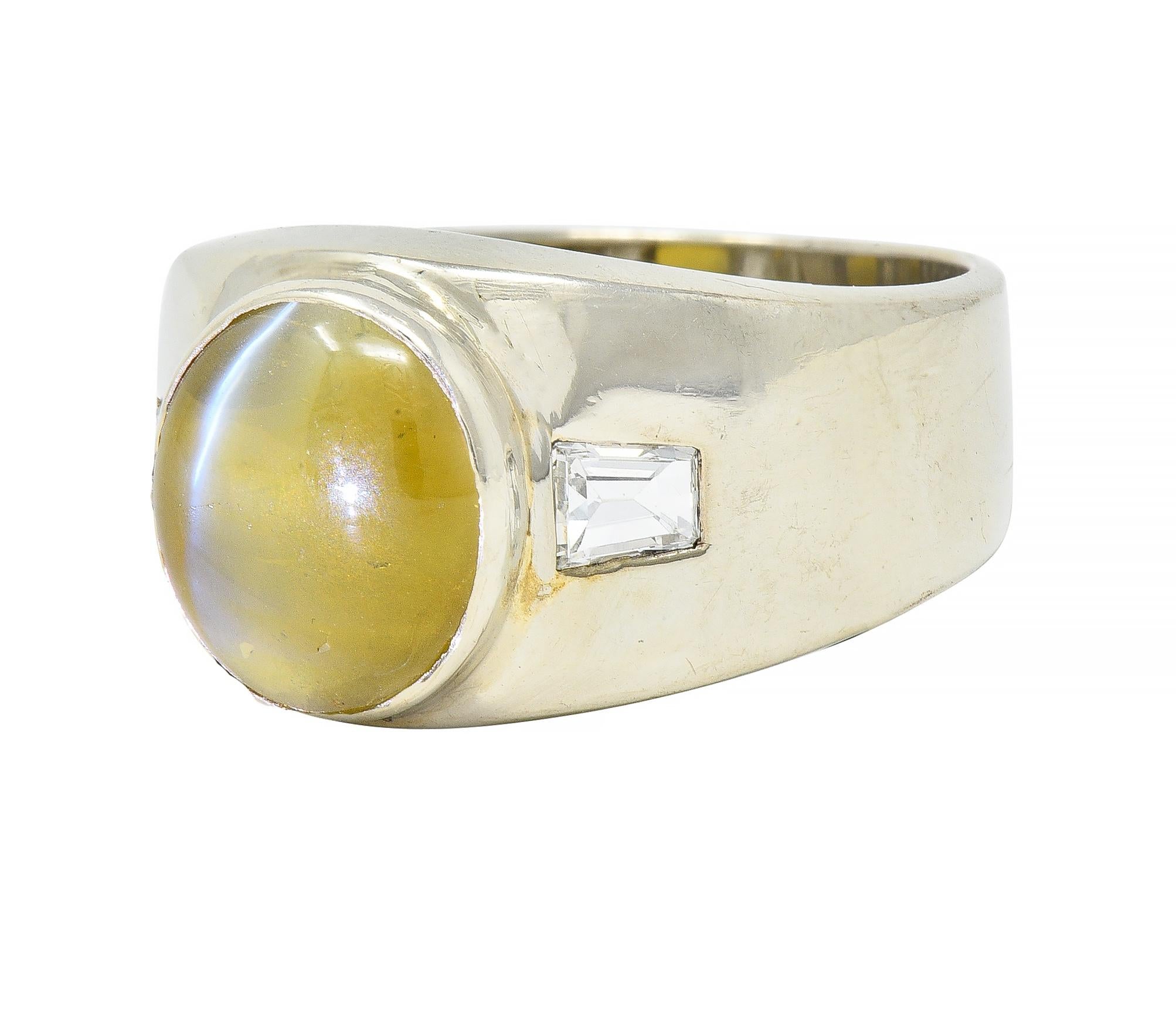 1960's Cat's Eye Chrysoberyl Diamond 14 Karat White Gold Three Stone Ring