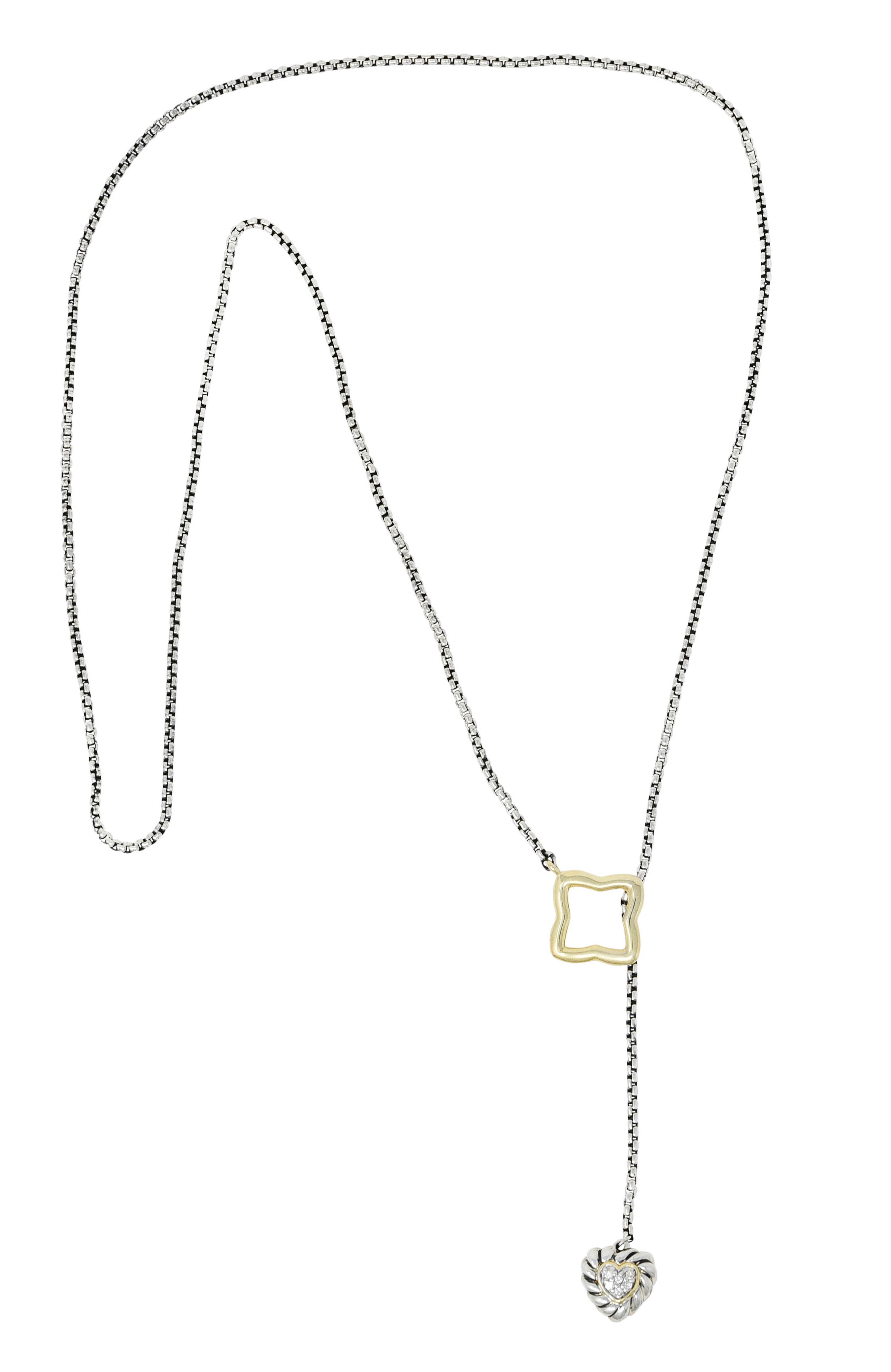 David Yurman Diamond 18 Karat Gold Sterling Silver Quatrefoil Heart Lariat NecklaceNecklace - Wilson's Estate Jewelry