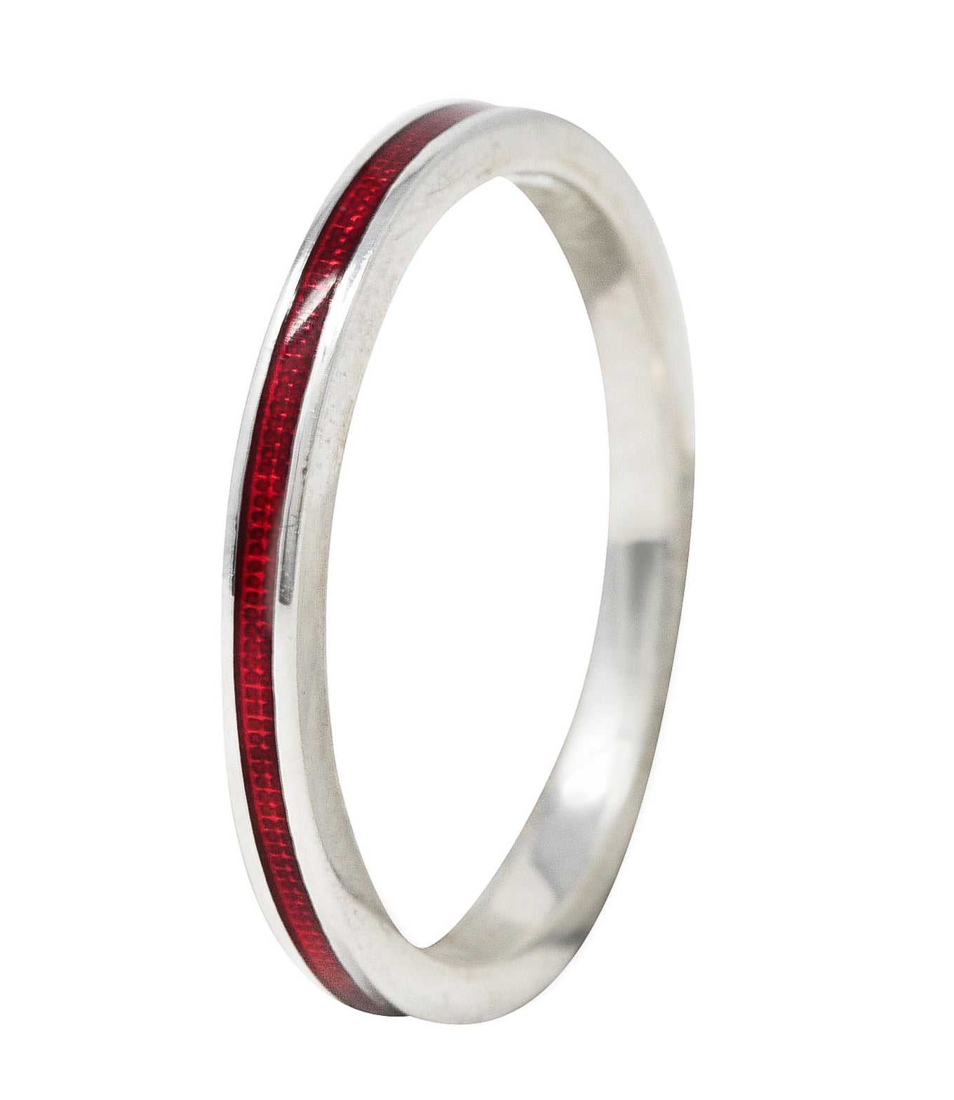 Hidalgo Vintage Guilloche Red Enamel 18 Karat White Gold Band Stack Ring Wilson's Estate Jewelry