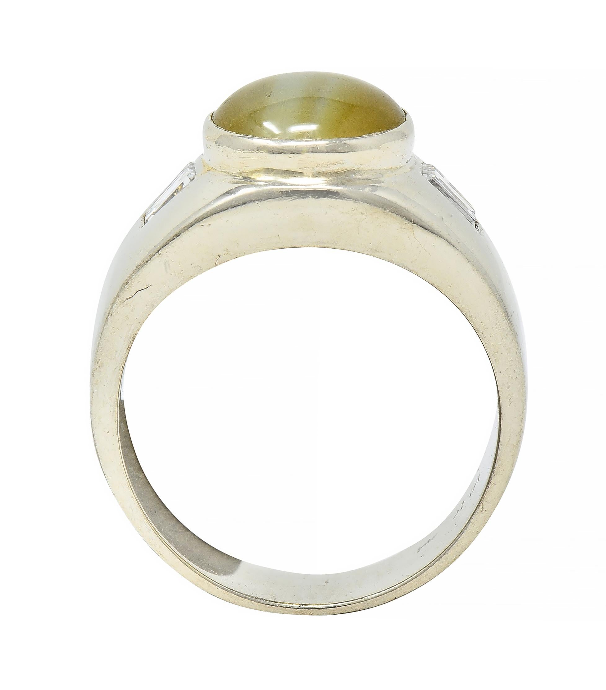 1960's Cat's Eye Chrysoberyl Diamond 14 Karat White Gold Three Stone Ring