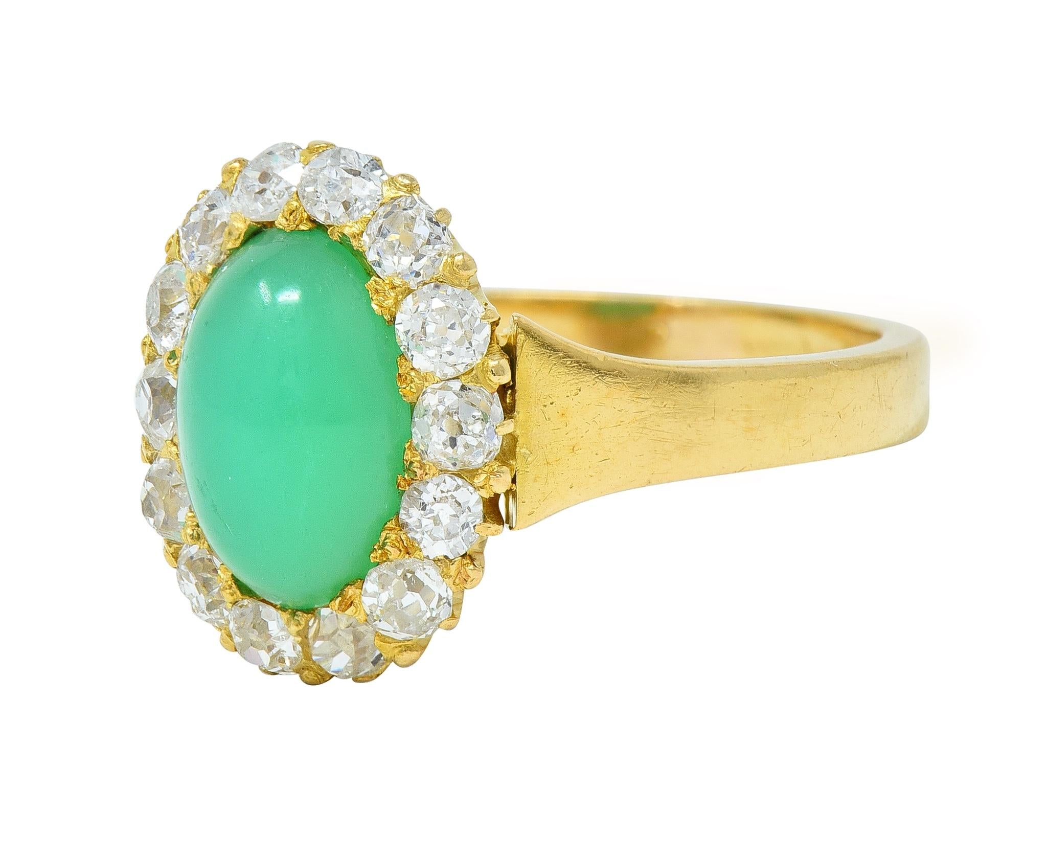 Modernist Chrysoprase Diamond 18 Karat Yellow Gold Vintage Halo Ring