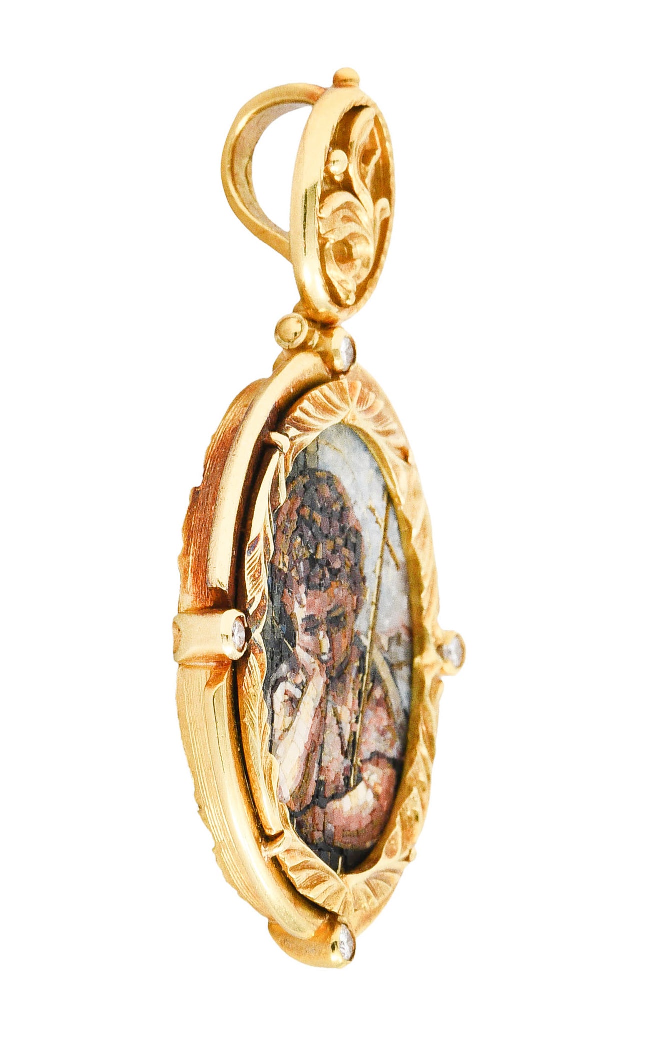 Russian Diamond Micro Mosaic 18 Karat Gold John the Baptist PendantNecklace - Wilson's Estate Jewelry