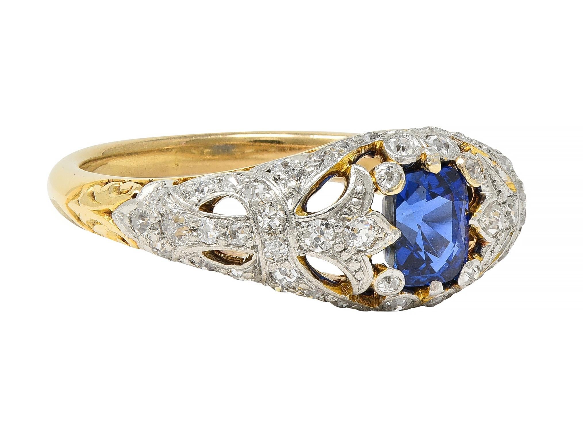 Edwardian 1.36 CTW No Heat Kashmir Sapphire Diamond Platinum 18 Karat Ring