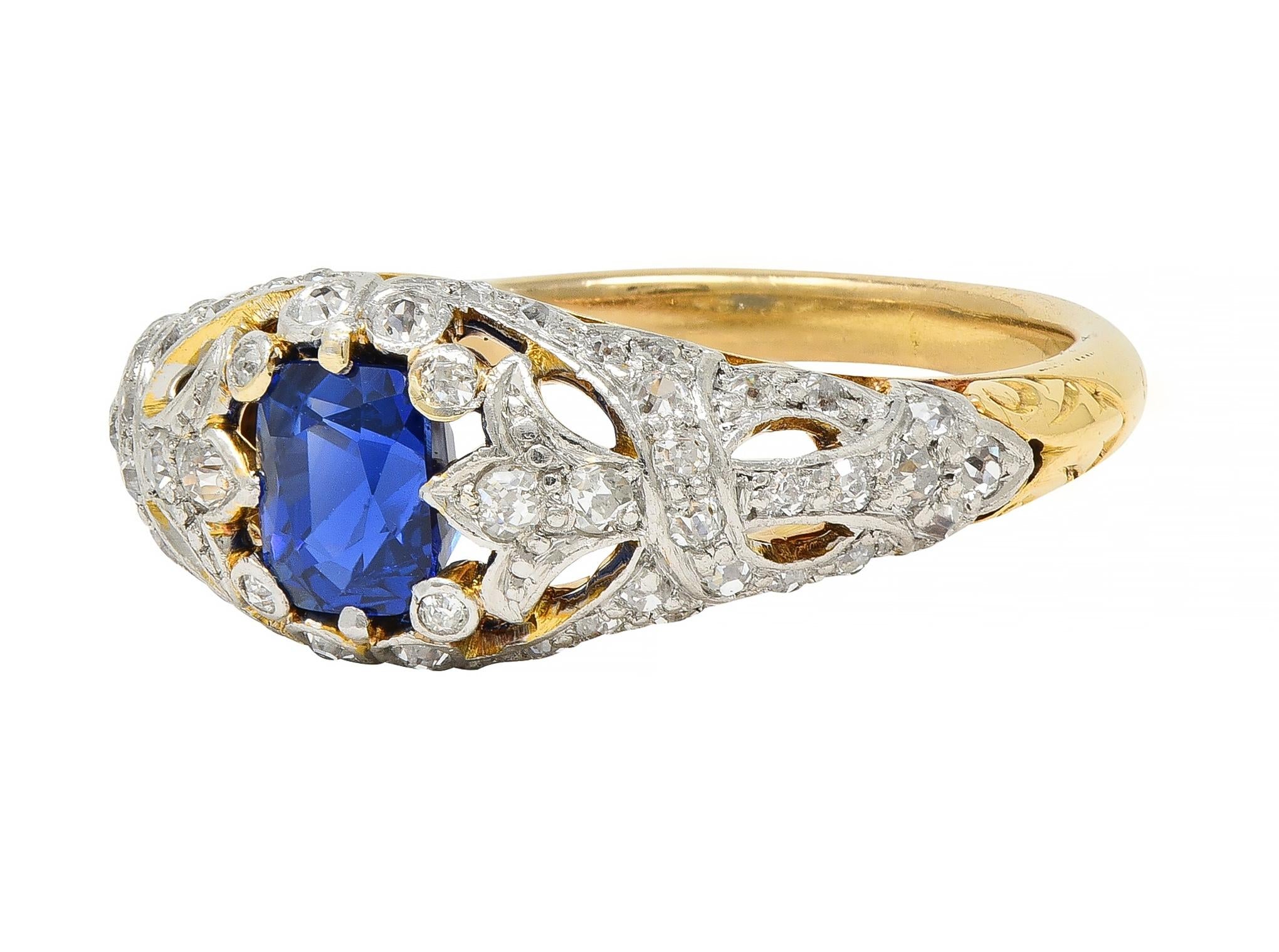 Edwardian 1.36 CTW No Heat Kashmir Sapphire Diamond Platinum 18 Karat Ring