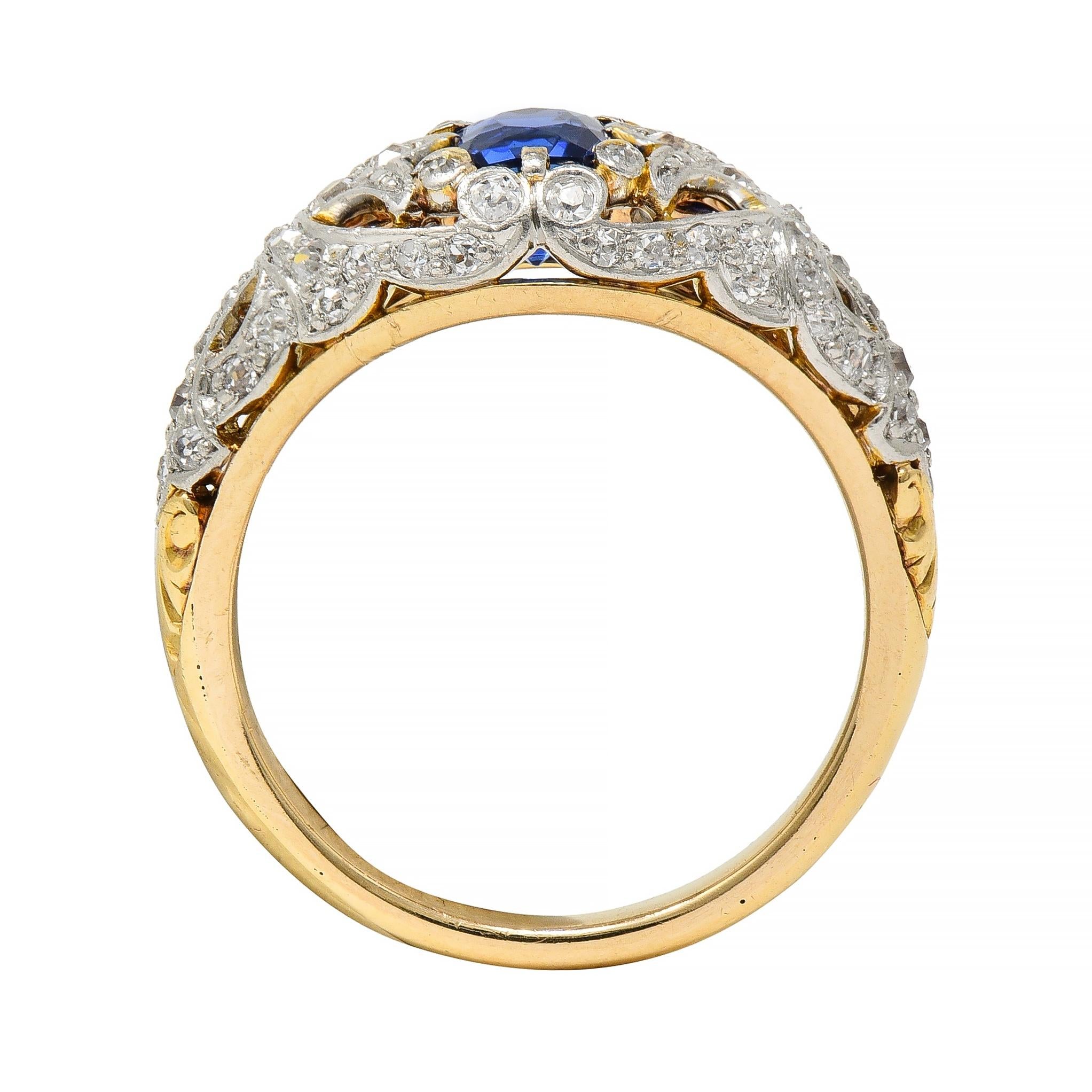 Edwardian 1.36 CTW No Heat Kashmir Sapphire Diamond Platinum 18 Karat Ring