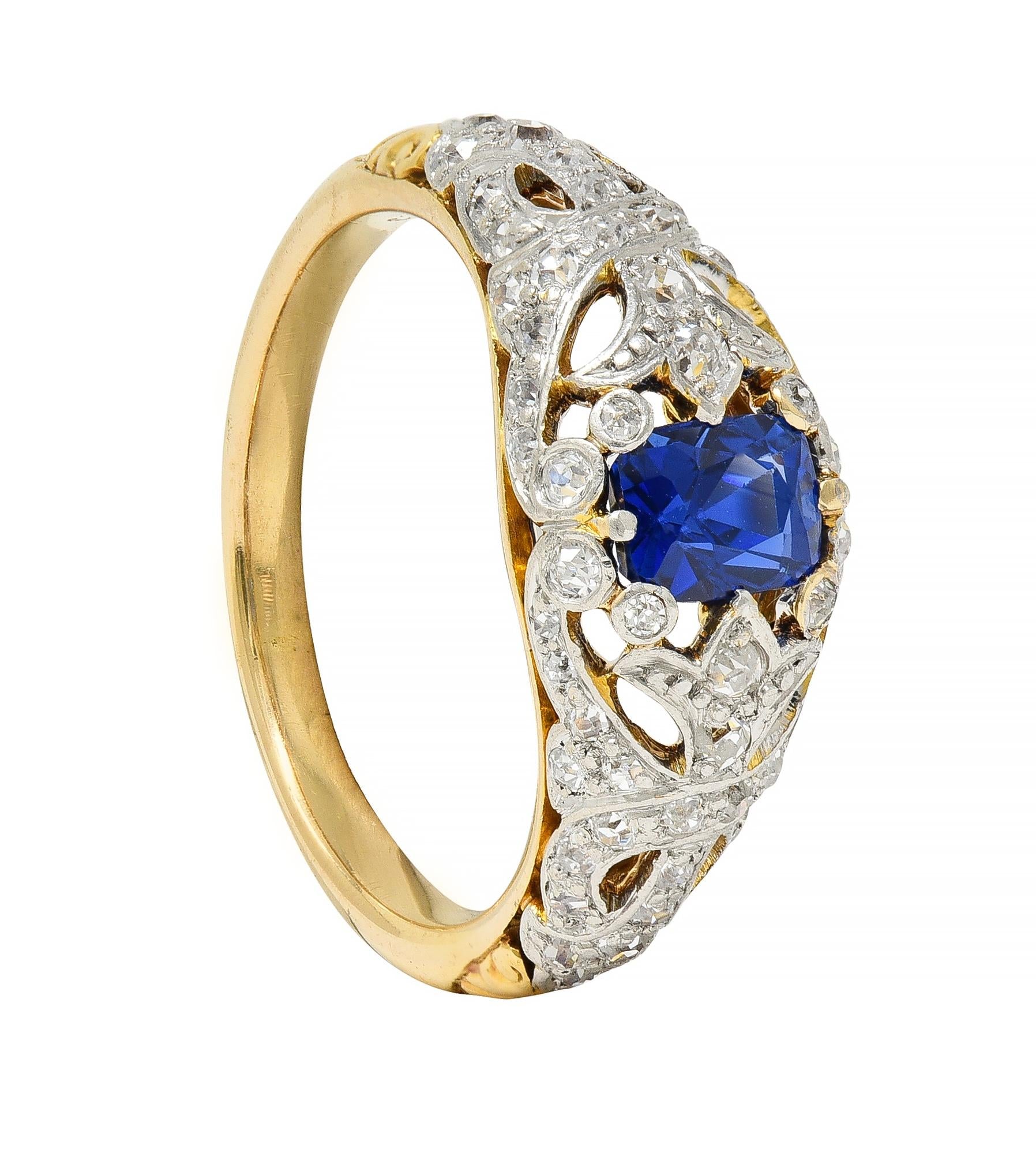 Edwardian 1.36 CTW No Heat Kashmir Sapphire Diamond Platinum 18 Karat Ring