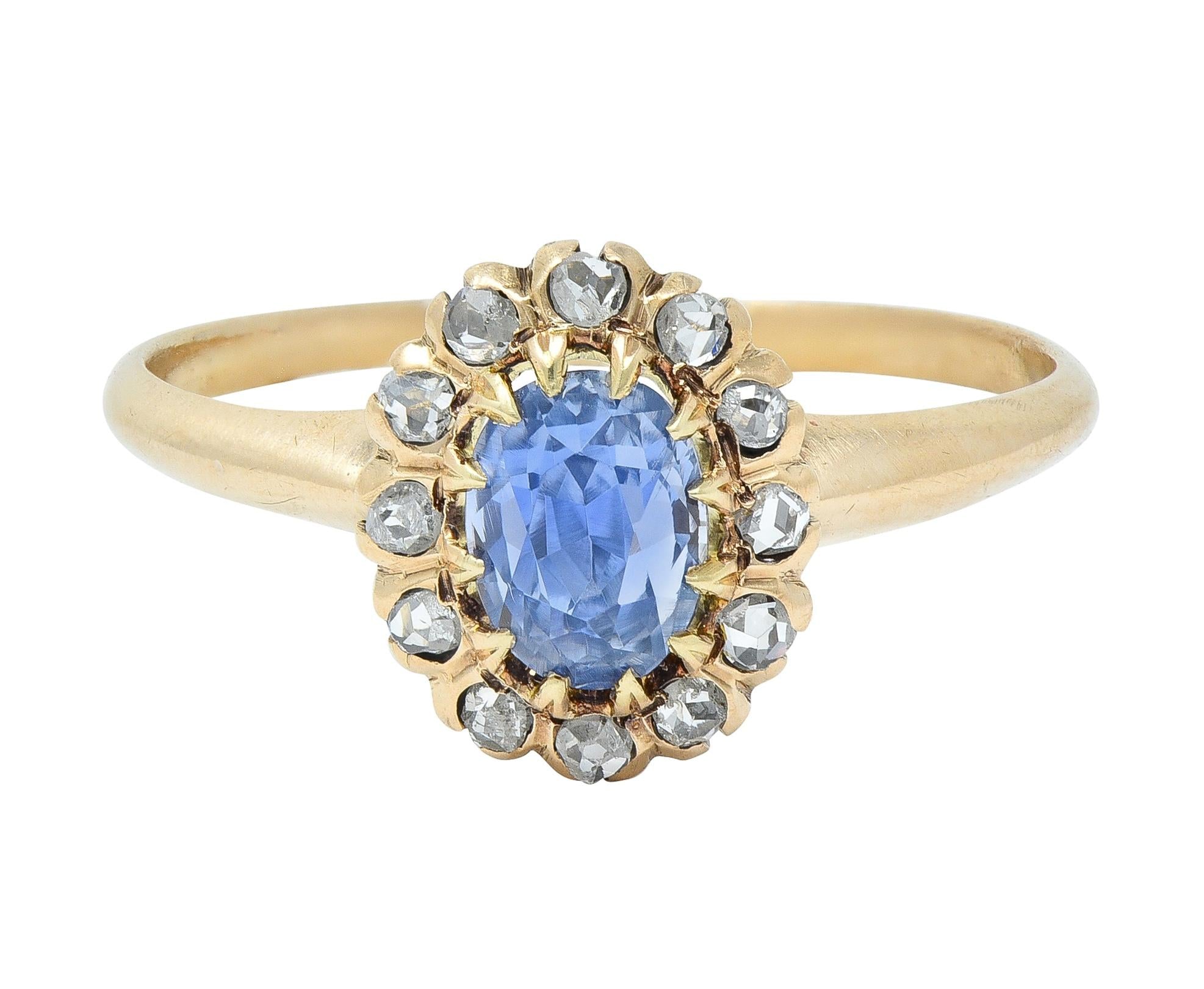 Victorian 1.37 CTW Sapphire Diamond 14 Karat Rose Gold Antique Halo Ring